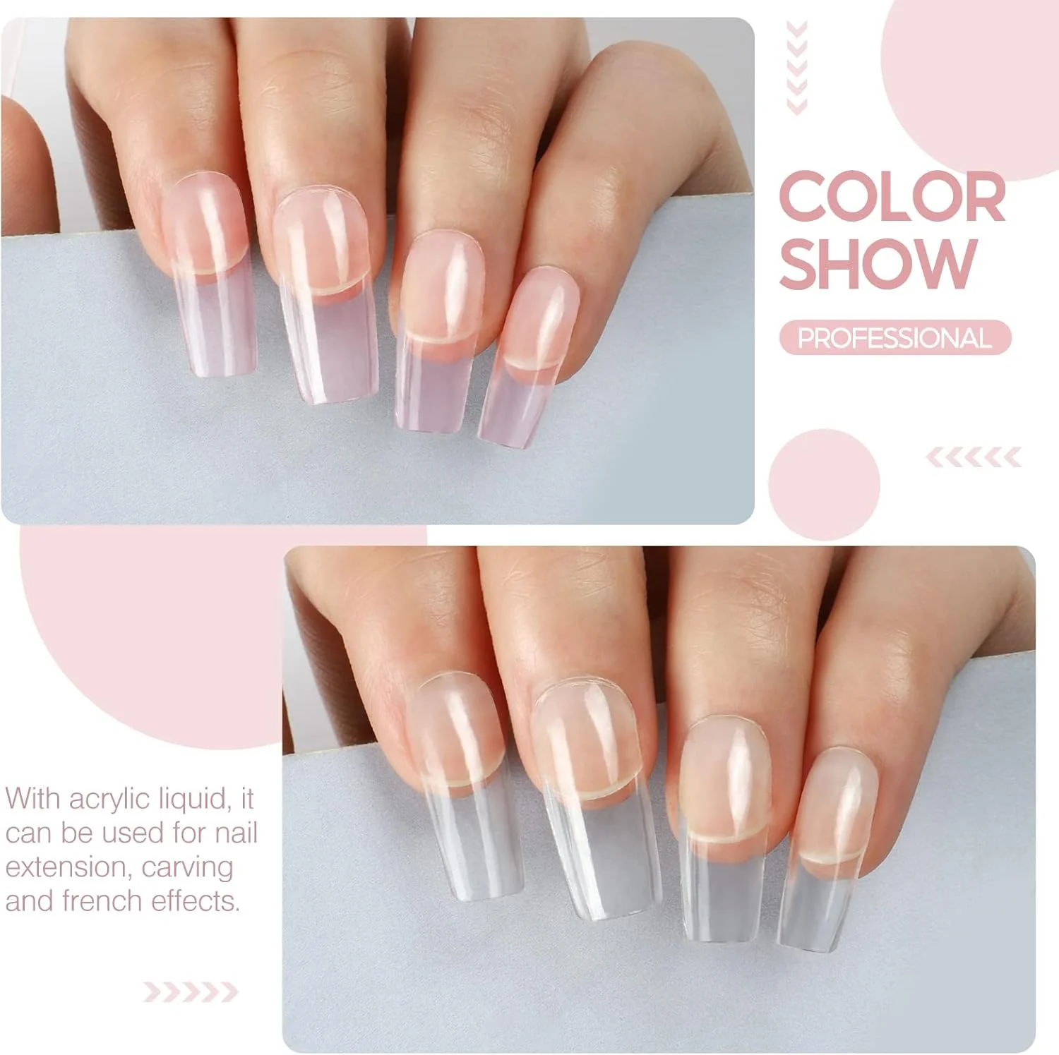 ست ناخن اکریلیک - ست پودر اکریلیک، ست کامل ناخن برای مبتدیان، طراحی و کاشت ناخن با قلم موی اکریلیک، رنگ های صورتی، سفید و شفاف