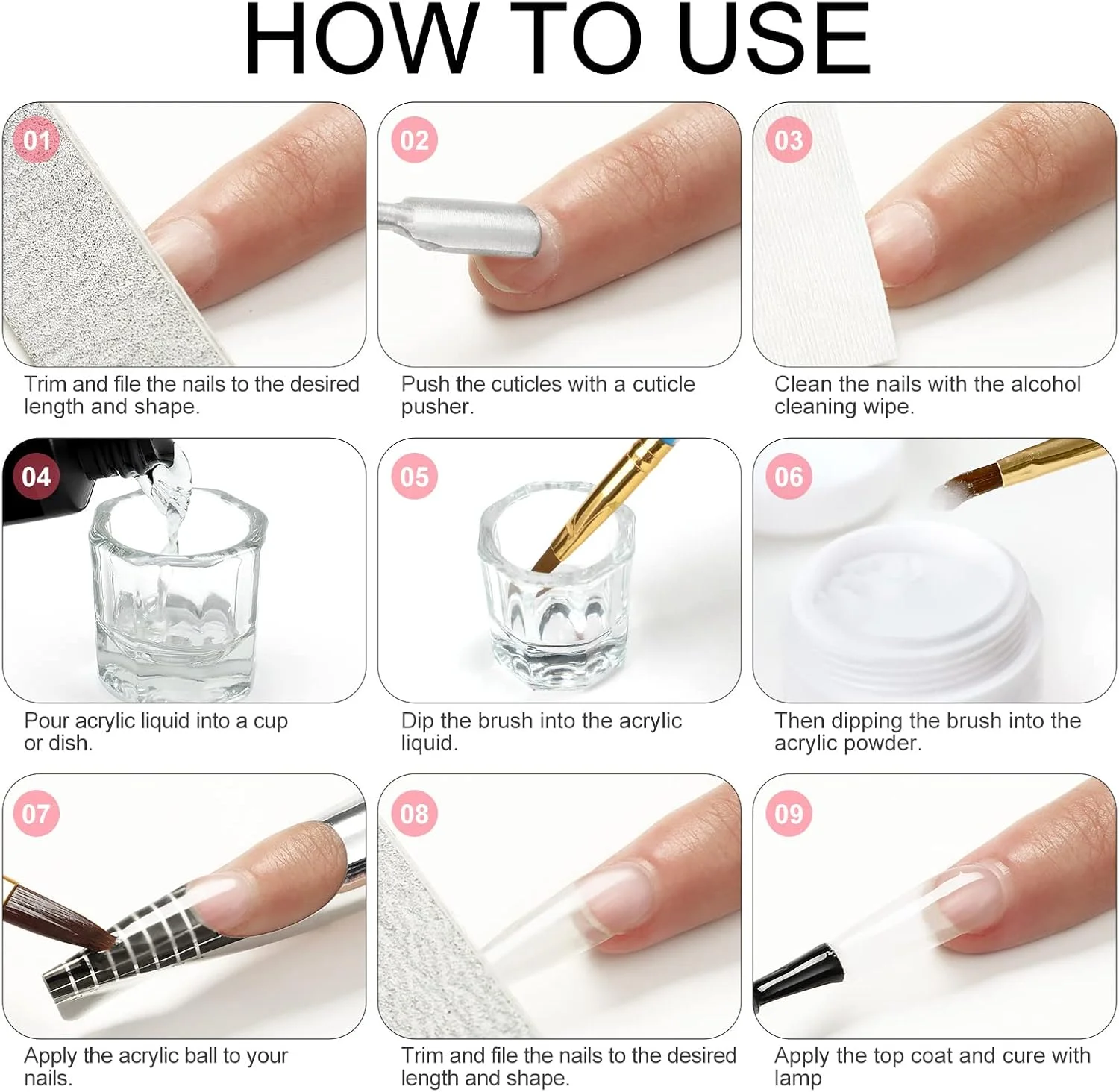 ست ناخن اکریلیک - ست پودر اکریلیک، ست کامل ناخن برای مبتدیان، طراحی و کاشت ناخن با قلم موی اکریلیک، رنگ های صورتی، سفید و شفاف