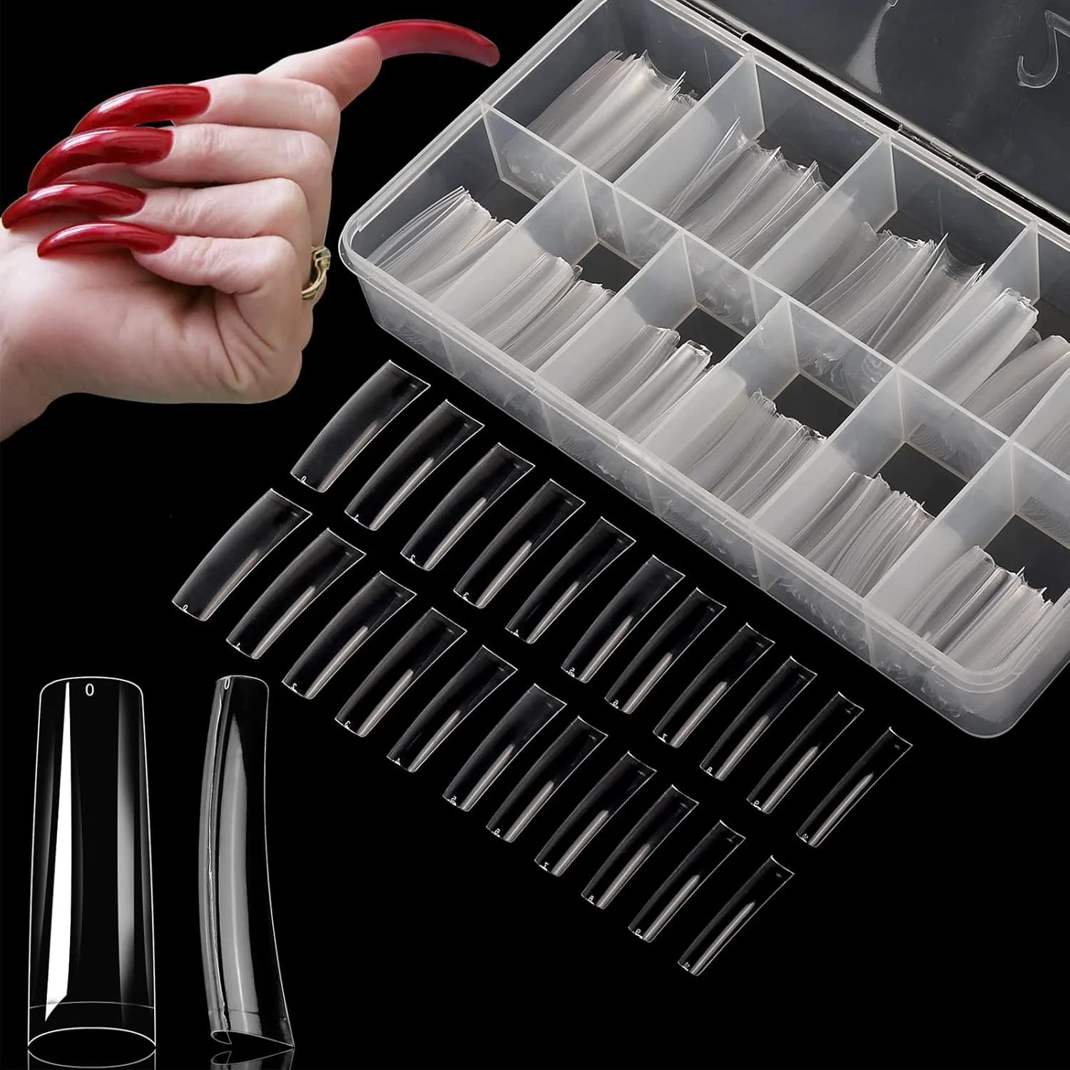 تیپ ناخن شفاف تابوتی Yokilly، ۵۵۰ عدد تیپ ناخن بلند C منحنی برای ناخن های اکریلیک حرفه ای، نیم پوشش ناخن مصنوعی ژل نرم مربعی برای پودر دیپ، سالن های ناخن و هنر ناخن DIY