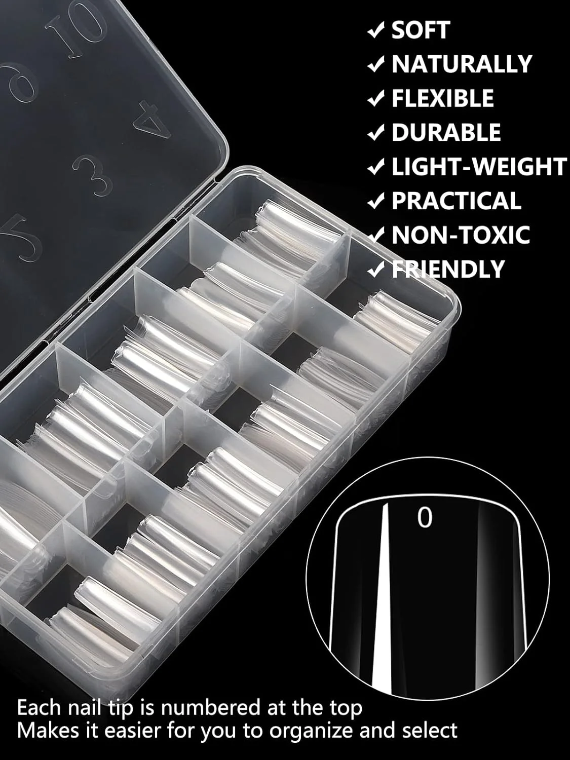 تیپ ناخن شفاف تابوتی Yokilly، ۵۵۰ عدد تیپ ناخن بلند C منحنی برای ناخن های اکریلیک حرفه ای، نیم پوشش ناخن مصنوعی ژل نرم مربعی برای پودر دیپ، سالن های ناخن و هنر ناخن DIY