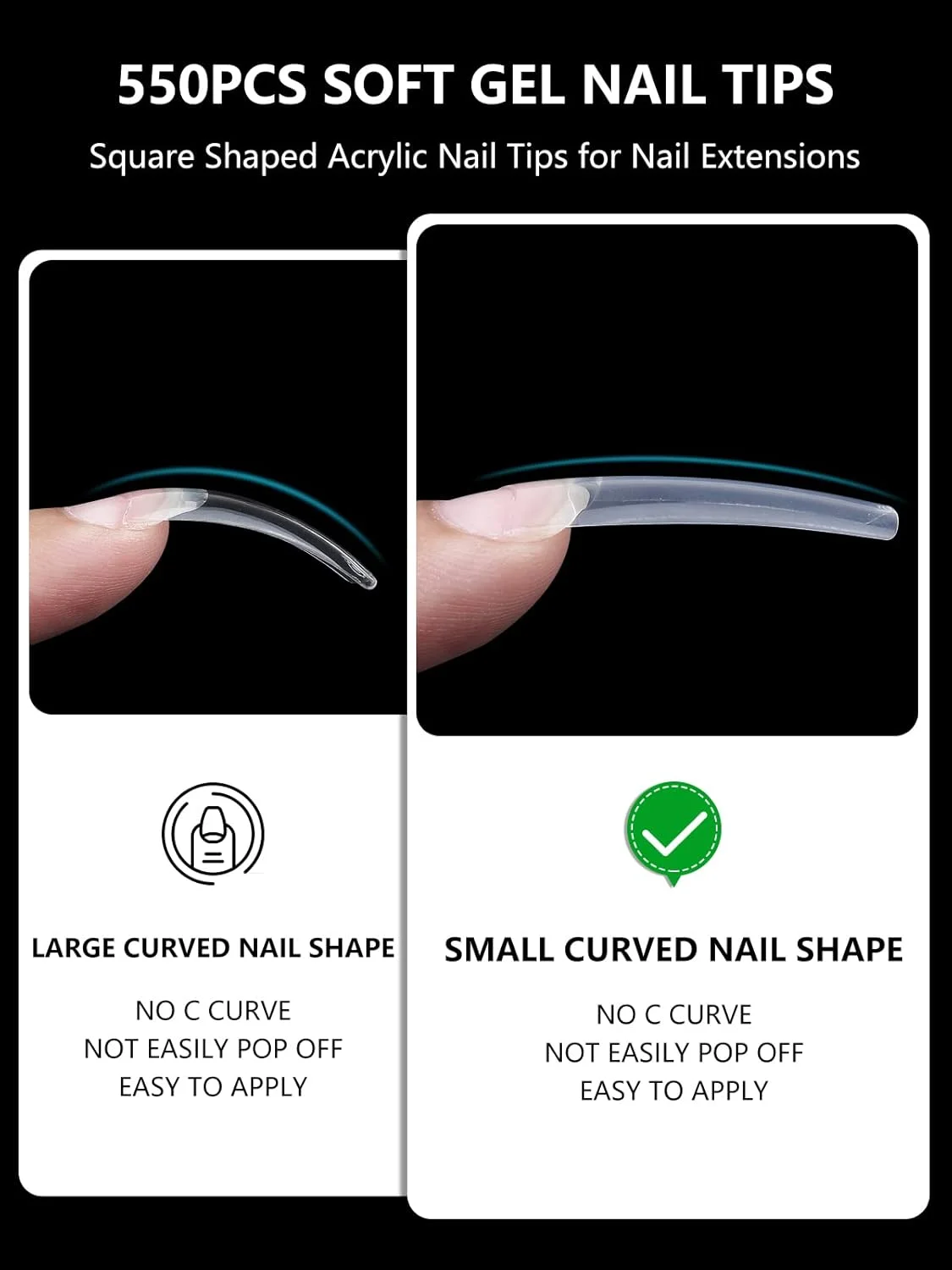 تیپ ناخن شفاف تابوتی Yokilly، ۵۵۰ عدد تیپ ناخن بلند C منحنی برای ناخن های اکریلیک حرفه ای، نیم پوشش ناخن مصنوعی ژل نرم مربعی برای پودر دیپ، سالن های ناخن و هنر ناخن DIY