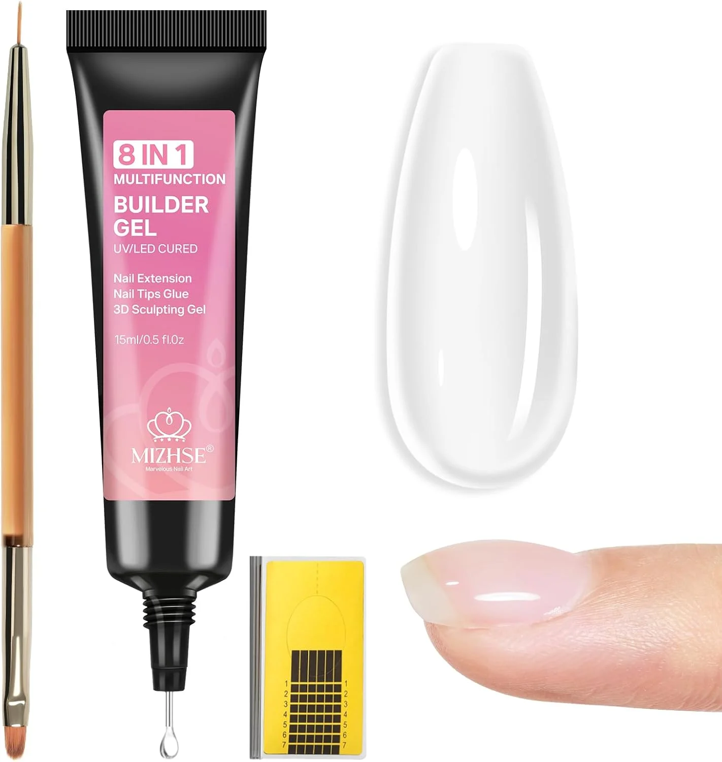 ژل سازنده شفاف 15 گرمی MIZHSE با نوک دقیق، چسب نگین 8 در 1 برای تزئین ناخن، چسب مجسمه سازی چند منظوره، اکستنشن ناخن و مدلینگ با برس ناخن