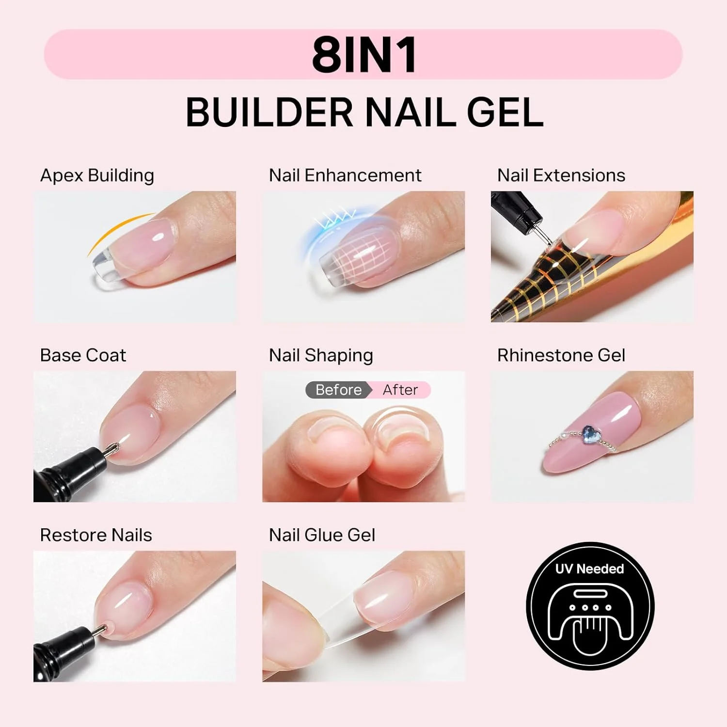 ژل سازنده شفاف 15 گرمی MIZHSE با نوک دقیق، چسب نگین 8 در 1 برای تزئین ناخن، چسب مجسمه سازی چند منظوره، اکستنشن ناخن و مدلینگ با برس ناخن