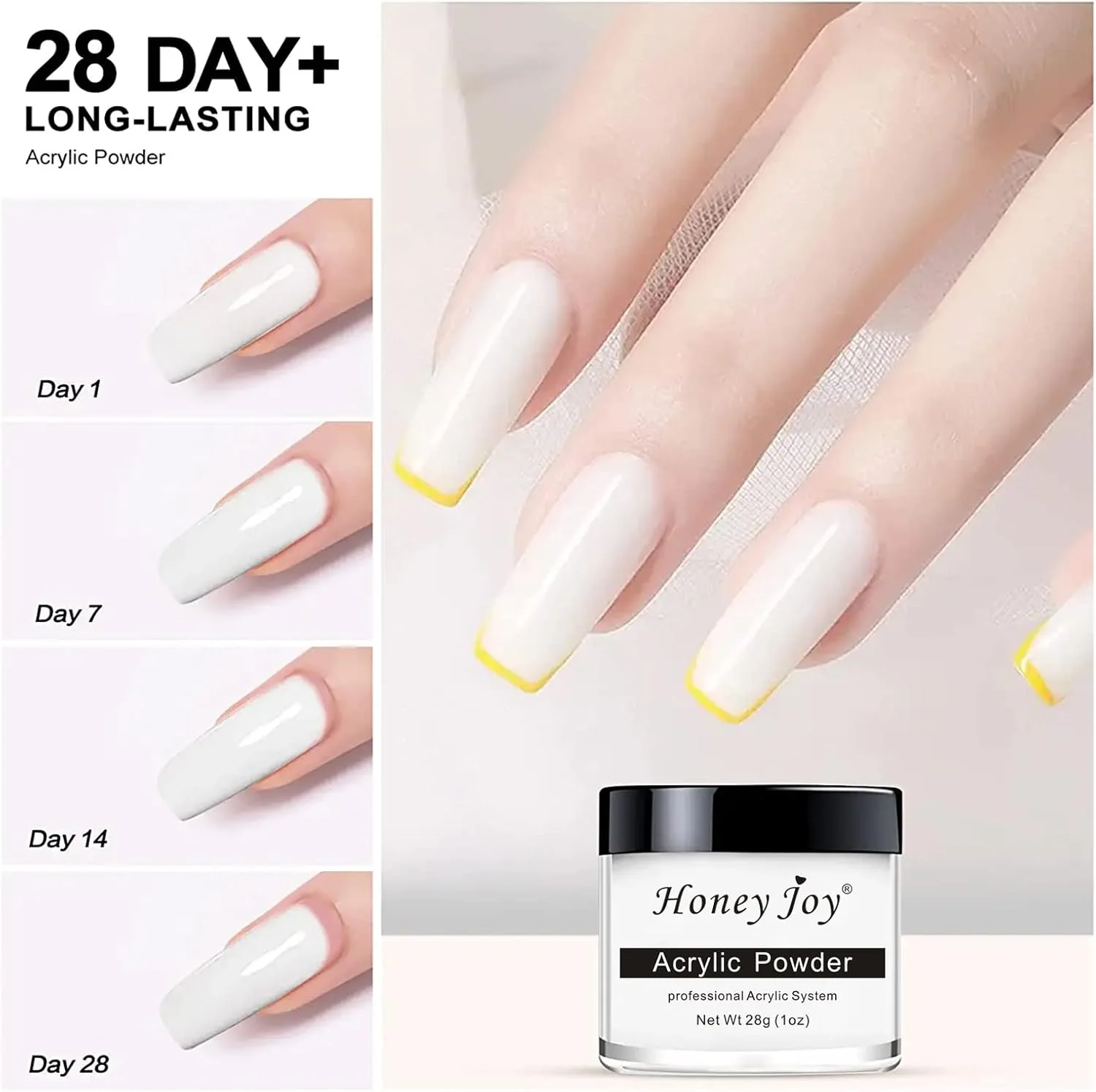 پودر اکریلیک 28 گرمی هانی جوی، مناسب برای مانیکور فرانسوی ناخن، کاشت ناخن، سیستم ناخن اکریلیک، HJ-NAP016 (سفید)