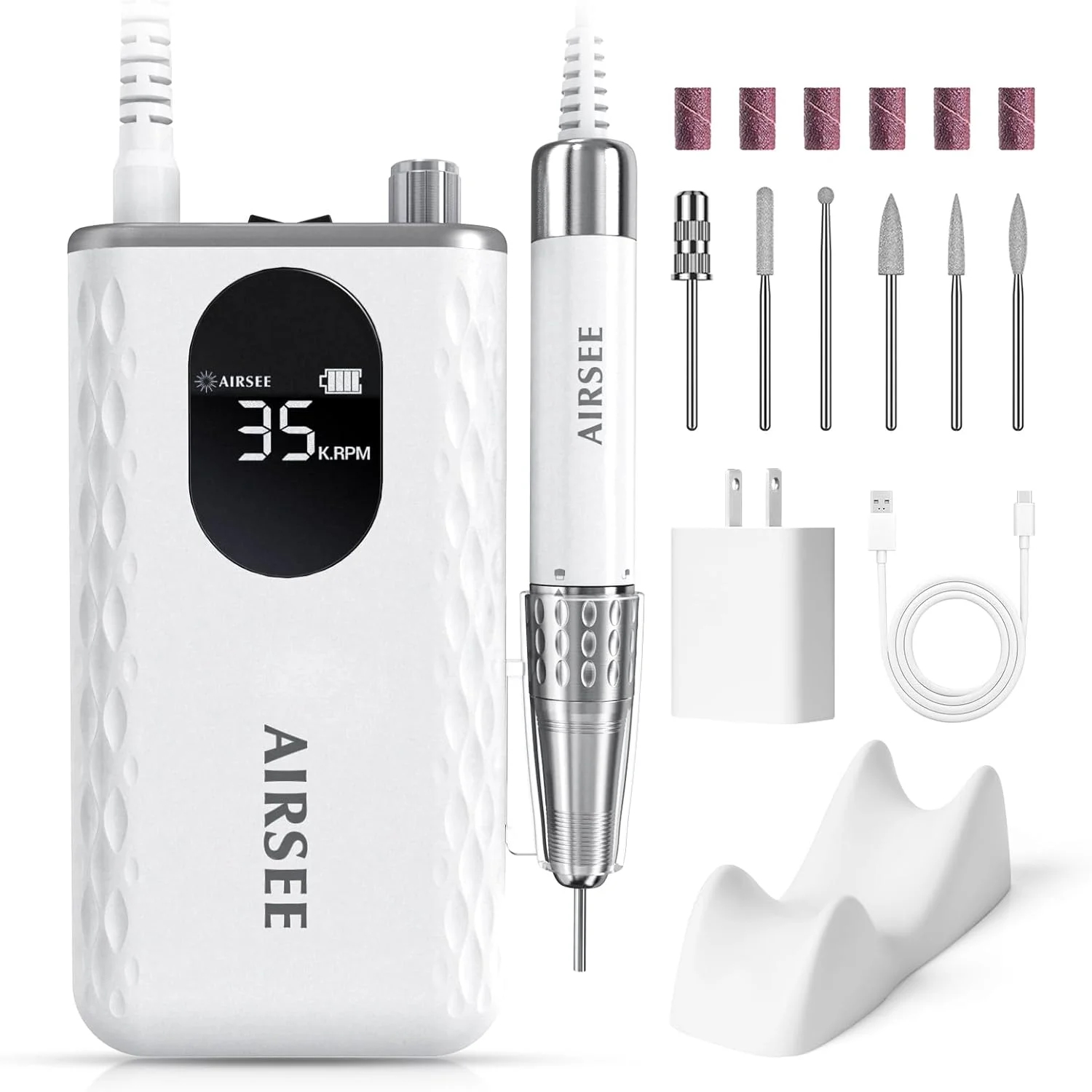 دستگاه سوهان برقی ناخن حرفه ای AIRSEE مدل جدید، دستگاه ای فایل شارژی بی سیم برای ژل کاشت ناخن اکریلیک، پودر دیپ، قدرتمند و قابل حمل، 56 نوار سنباده، 7 سری، کم صدا و کم حرارت، G7 سفید