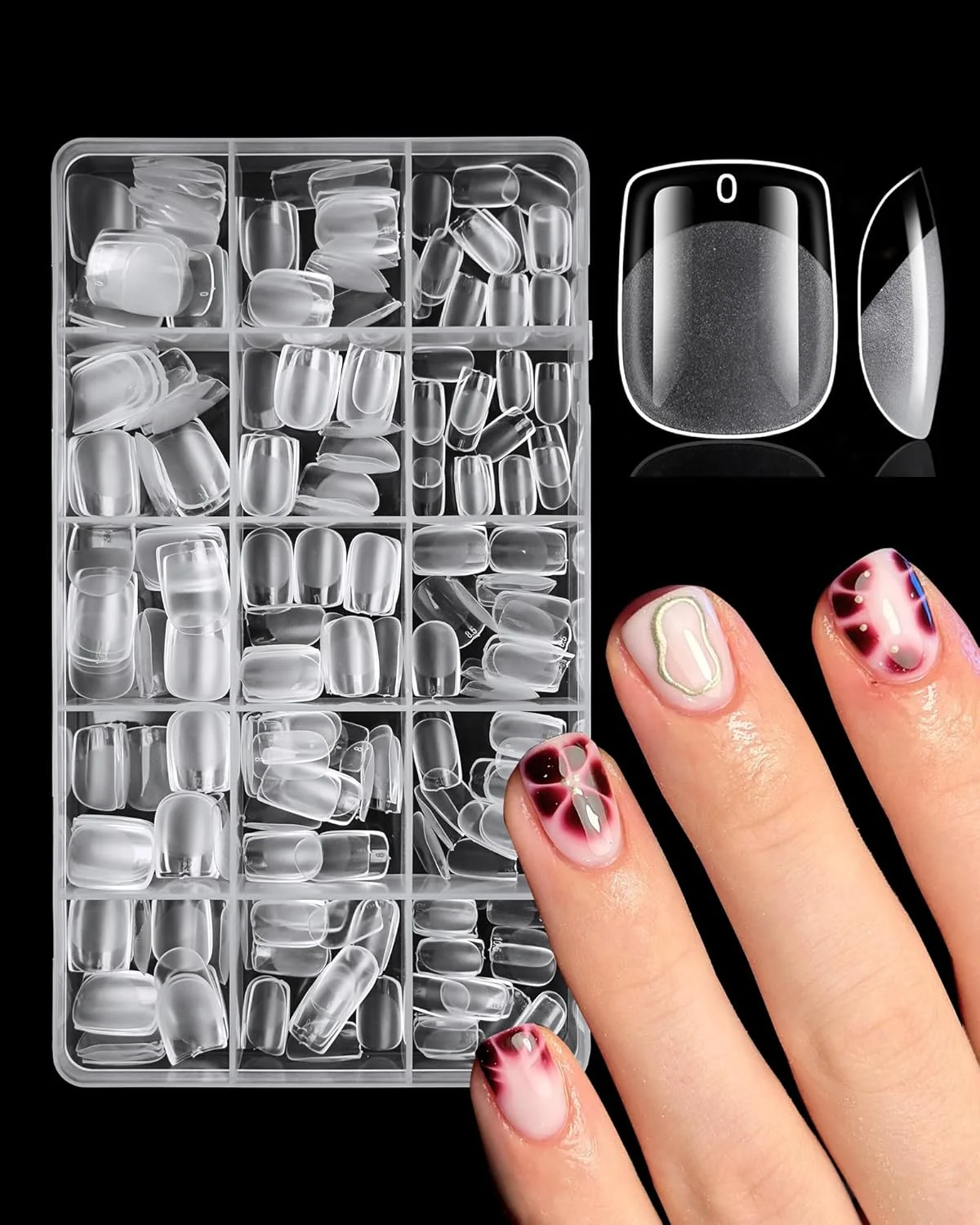 ۳۶۰ عدد تیپ ناخن مربعی فوق العاده کوتاه پوشش کامل شفاف اکریلیک مصنوعی در ۱۵ سایز مختلف برای کاشت ناخن
