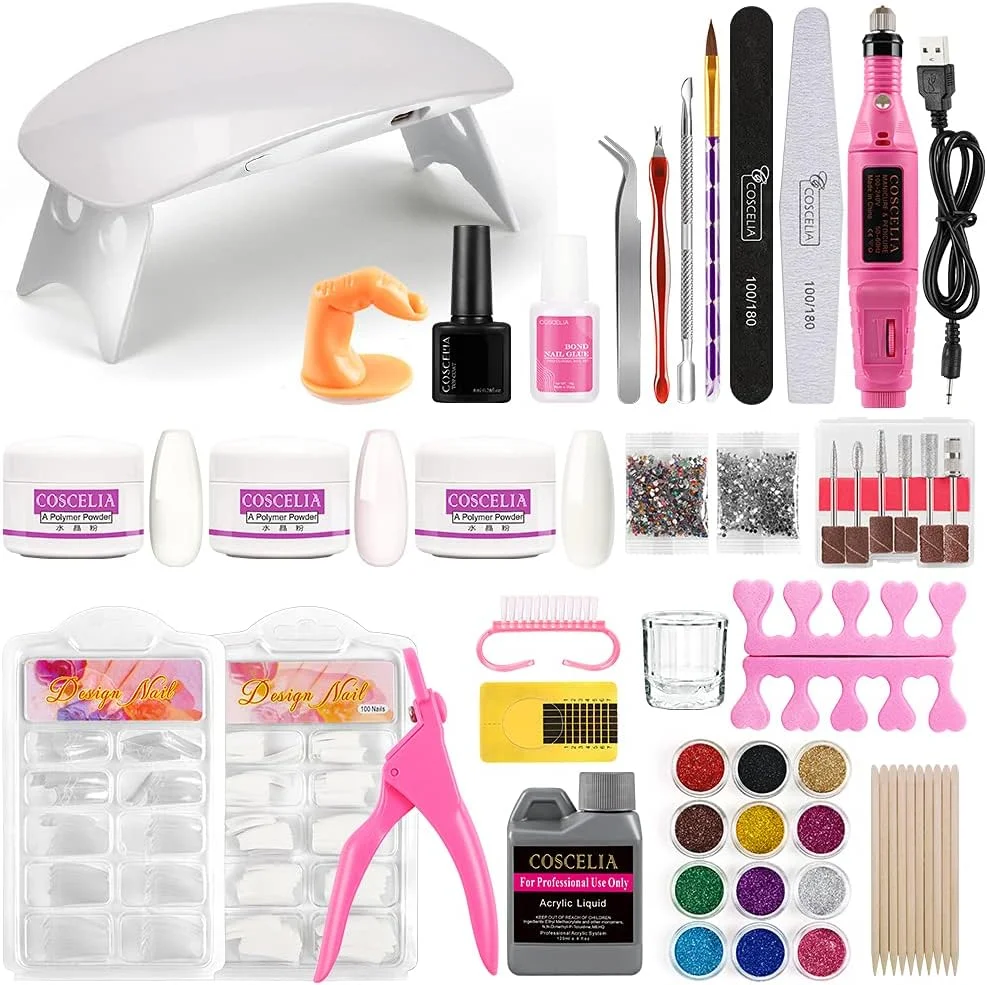 ست ناخن اکریلیک 27 در 1 کیان - ست پودر حرفه ای با تمام لوازم، برس ها، تیپ های ناخن، ابزار تزئین ناخن، ست ناخن اکستنشن DIY