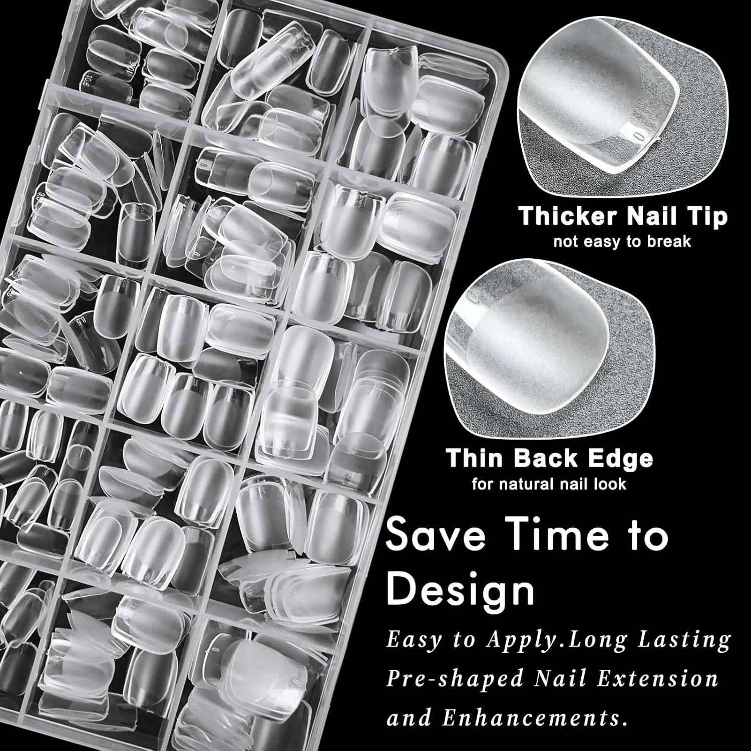 ۳۶۰ عدد تیپ ناخن مربعی فوق العاده کوتاه پوشش کامل شفاف اکریلیک مصنوعی در ۱۵ سایز مختلف برای کاشت ناخن