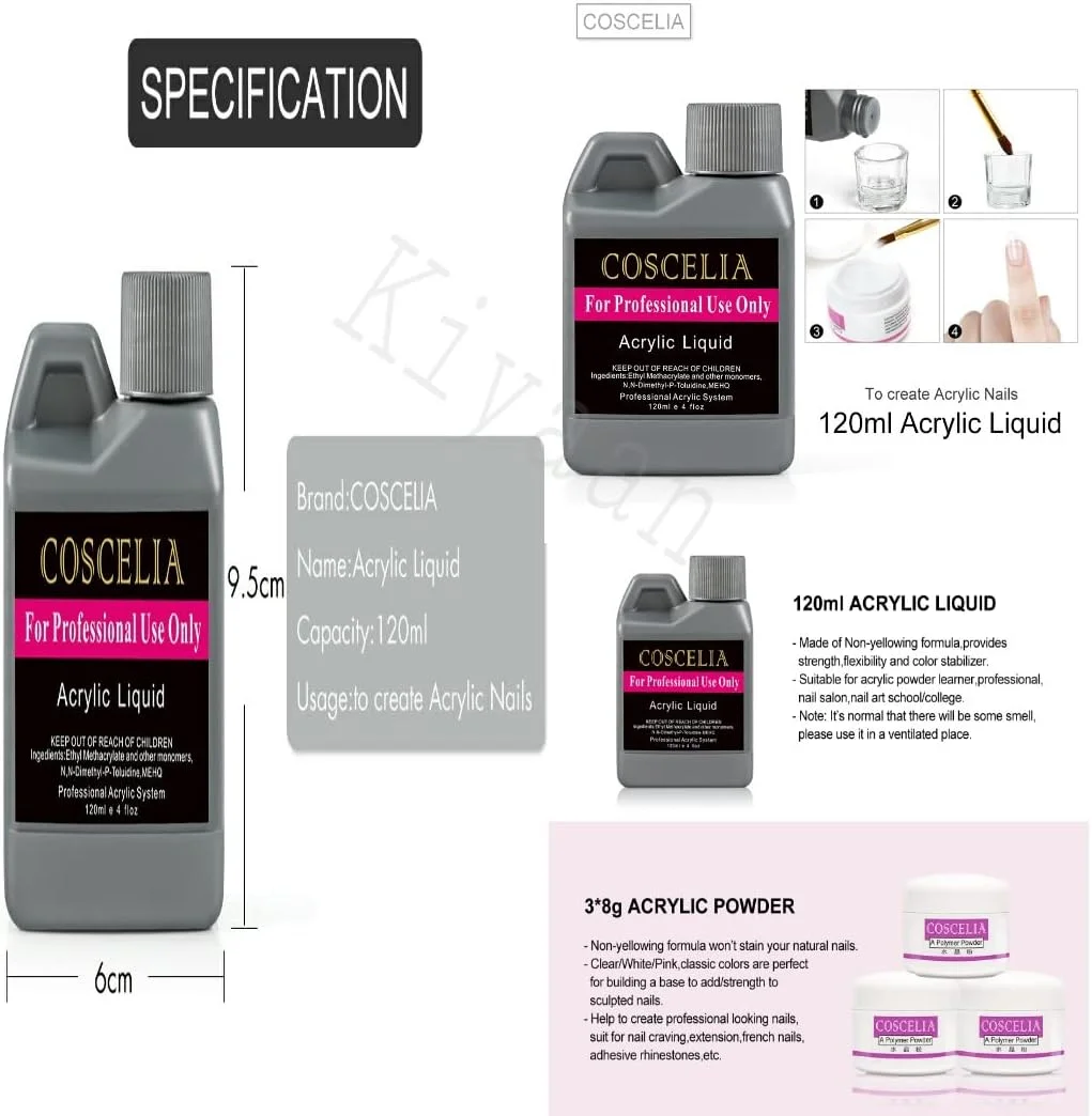 ست ناخن اکریلیک 27 در 1 کیان - ست پودر حرفه ای با تمام لوازم، برس ها، تیپ های ناخن، ابزار تزئین ناخن، ست ناخن اکستنشن DIY