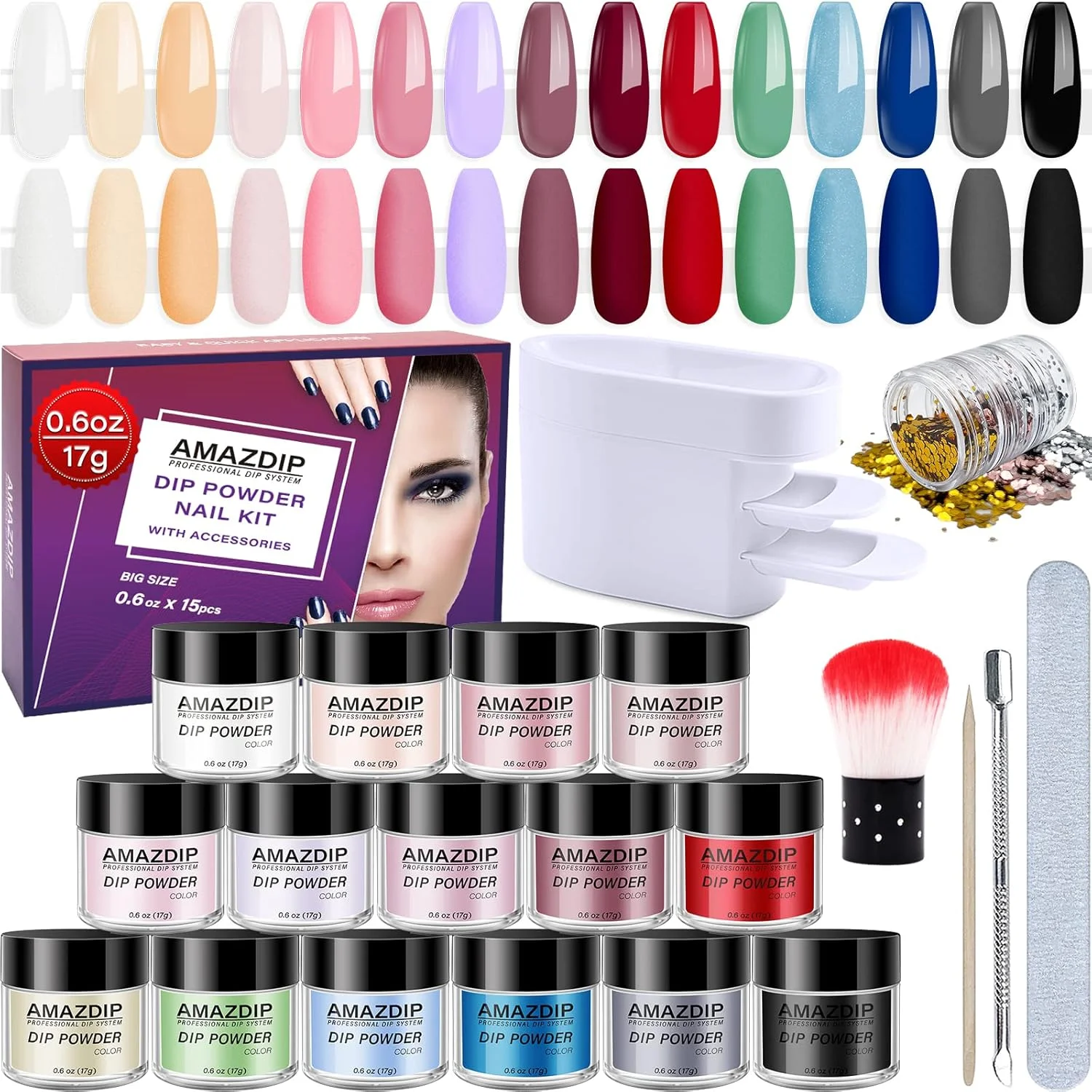 مجموعه ۲۱ عددی پودر دیپ ناخن، ۱۵ رنگ کلاسیک و شفاف، مجموعه لوازم جانبی سیستم پودر دیپ ۱۷ گرمی، سینی بازیافت پودر دیپ، سوهان و برس ناخن، عقب‌راننده کوتیکول، پولک‌های براق درشت