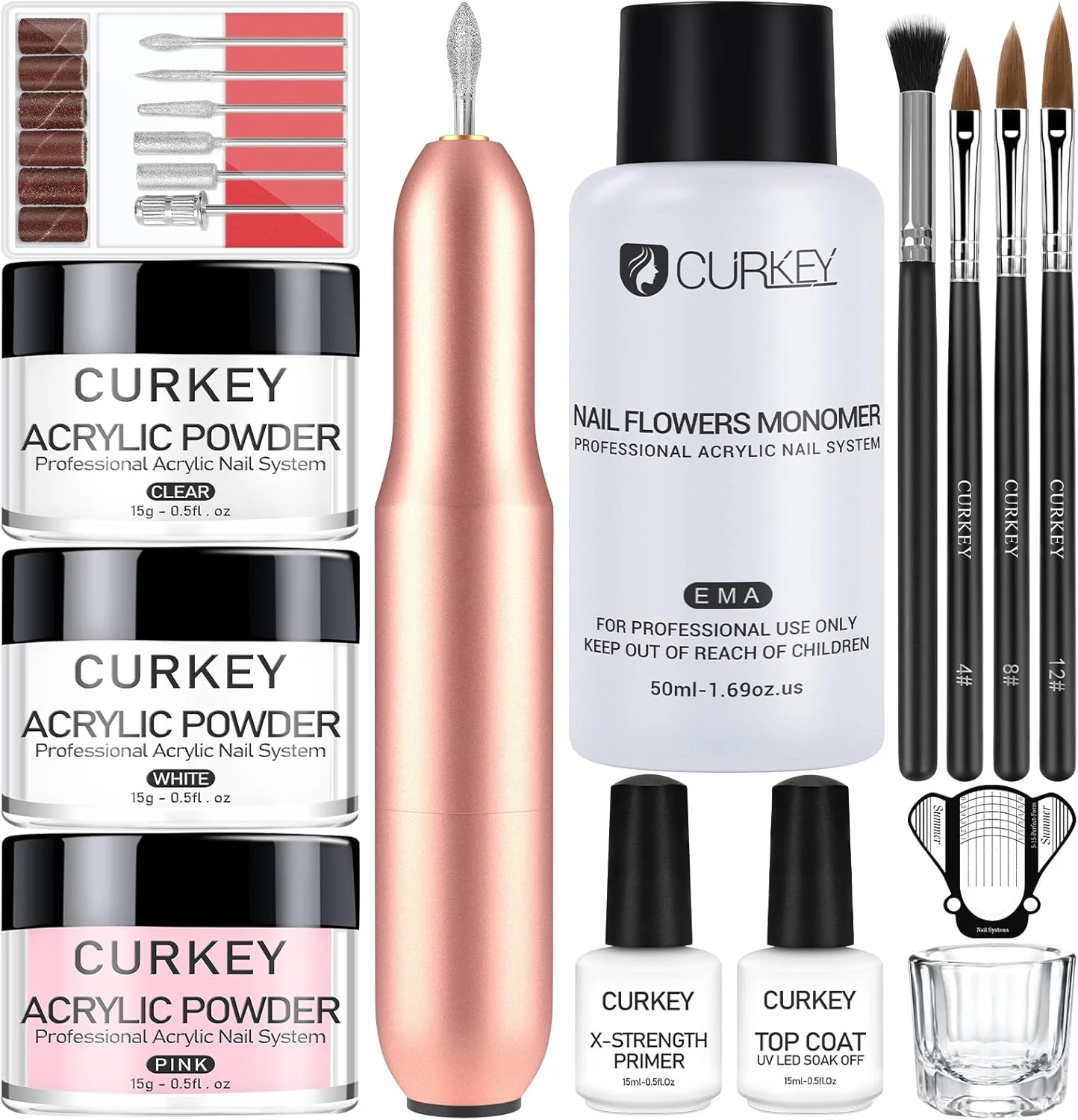 ست کاشت ناخن اکریلیک Curkey به همراه دستگاه سوهان برقی - پودر اکریلیک و مایع مونومر حرفه ای به همراه دستگاه سوهان برقی، تاپ کت و بیس کت برای شروع کار و طراحی ناخن در منزل