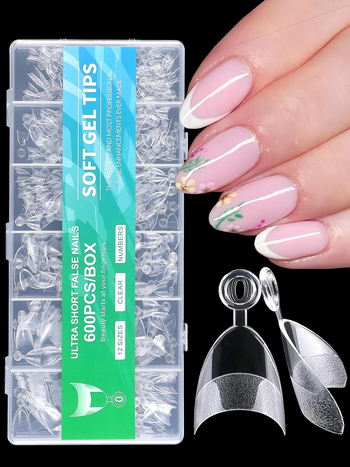 ۶۰۰ عدد نوک ناخن مصنوعی کوتاه خنجری، ناخن های مصنوعی شفاف، نیم پوشش ناخن های اکریلیک بادامی کوتاه، کیت نوک ناخن مصنوعی با برچسب تزئینی برای کاشت ناخن در ۱۲ سایز