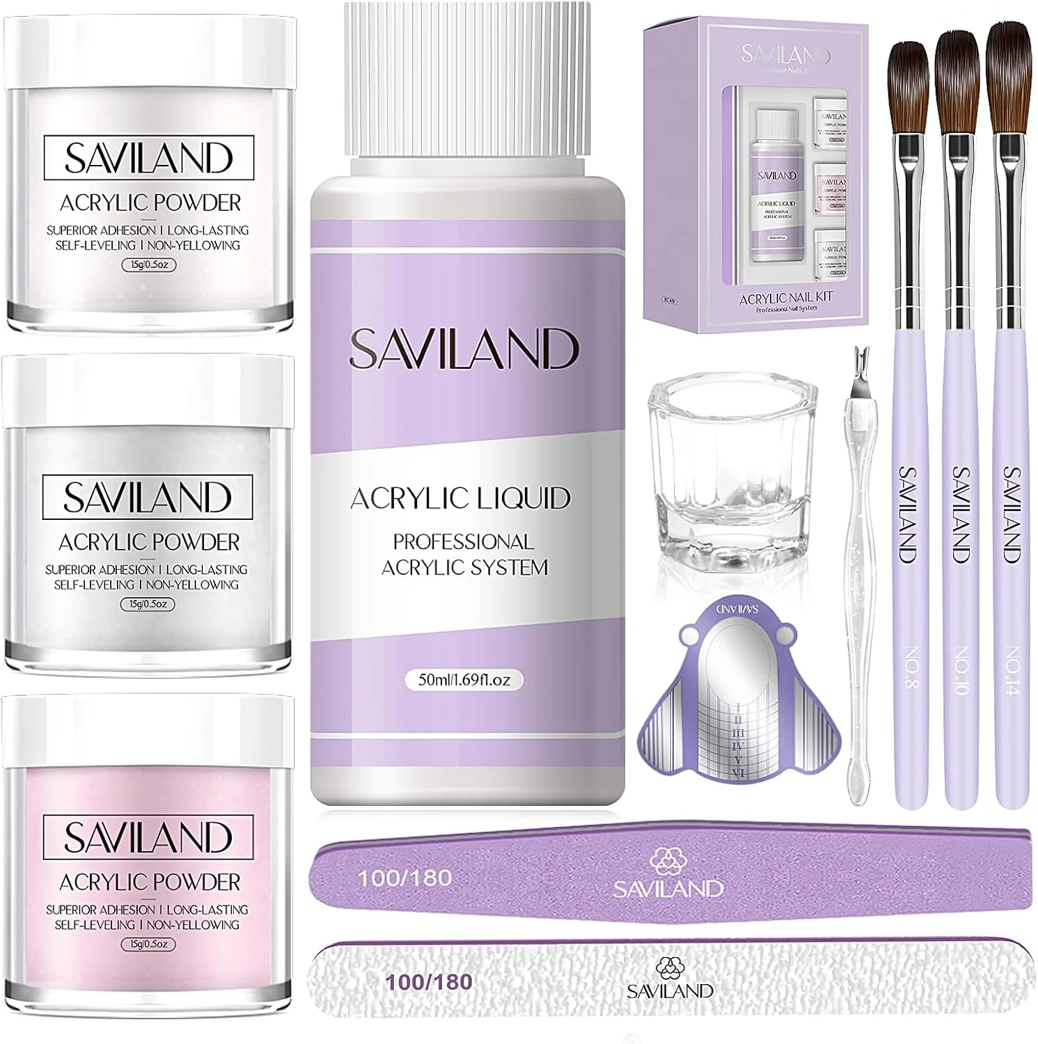 مجموعه لوازم ضروری کاشت ناخن اکریلیک ساویلند: مجموعه کامل کاشت ناخن اکریلیک برای مبتدیان شامل پودر اکریلیک سفید، صورتی و شفاف، ست مایع، قلم موی شماره 8/10/14، قالب ها و ابزار مانیکور مناسب برای استفاده در منزل و سالن ناخن