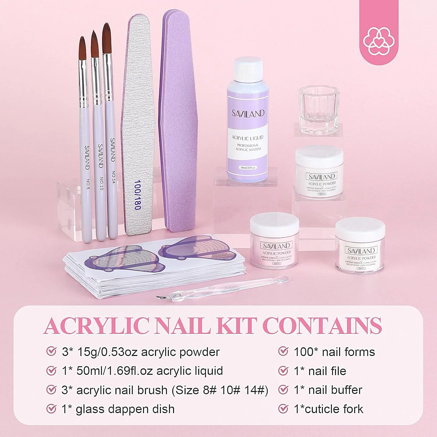 مجموعه لوازم ضروری کاشت ناخن اکریلیک ساویلند: مجموعه کامل کاشت ناخن اکریلیک برای مبتدیان شامل پودر اکریلیک سفید، صورتی و شفاف، ست مایع، قلم موی شماره 8/10/14، قالب ها و ابزار مانیکور مناسب برای استفاده در منزل و سالن ناخن