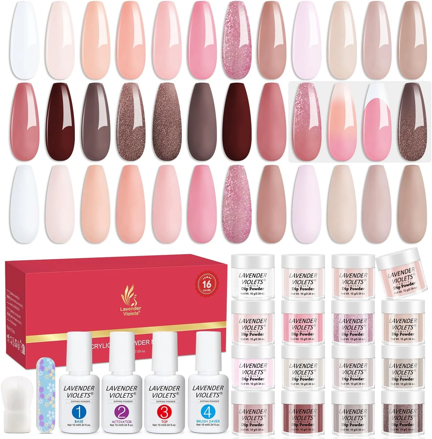 پودر دیپ بنفش اسطوخودوس، مجموعه 20 عددی پودر دیپینگ، کیت رنگ های فرنچ ناخن، پودر اکریلیک سفید صورتی، شفاف برای مانیکور و طراحی ناخن با بیس و تاپ کت، فعال کننده و محافظ برس M962