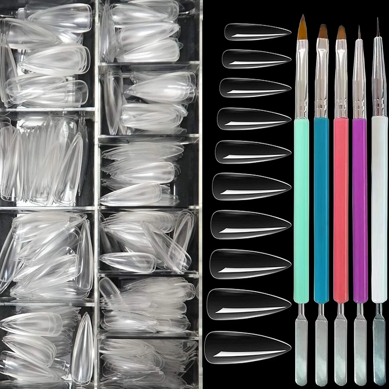 505 عدد برس طراحی ناخن اکریلیک به همراه تیپ ناخن مصنوعی، برس دو سر ژل، برس انتخاب کننده ژل UV اکریلیک، برس سه بعدی طراحی ناخن اکریلیک، ناخن مصنوعی نوک تیز مناسب پودر دیپ و کاشت ناخن (C)