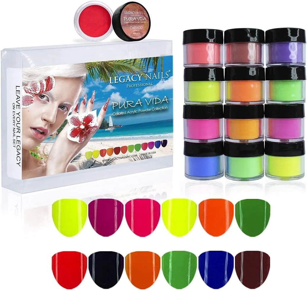 مجموعه پودر اکریلیک ناخن LEGACY NAILS - مجموعه پودر هنری حرفه ای 12 رنگ برای مانیکور DIY برای دیپ و اکستنشن اکریلیک (مجموعه Pura Vida)