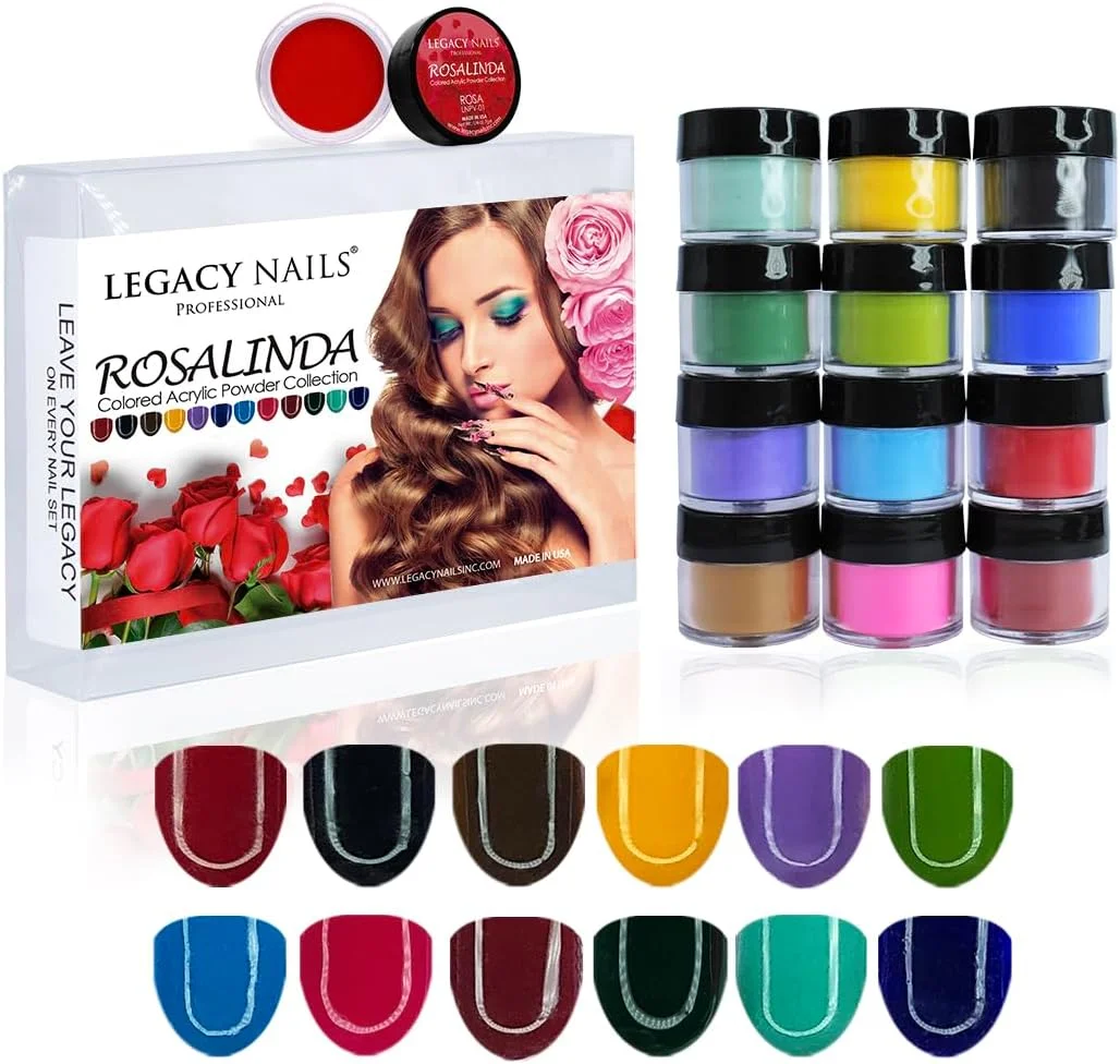 مجموعه پودرهای اکریلیک LEGACY NAILS - مجموعه 12 رنگ پودر هنری حرفه ای مانیکور DIY برای دیپ و اکستنشن های اکریلیک (مجموعه Rosalinda)