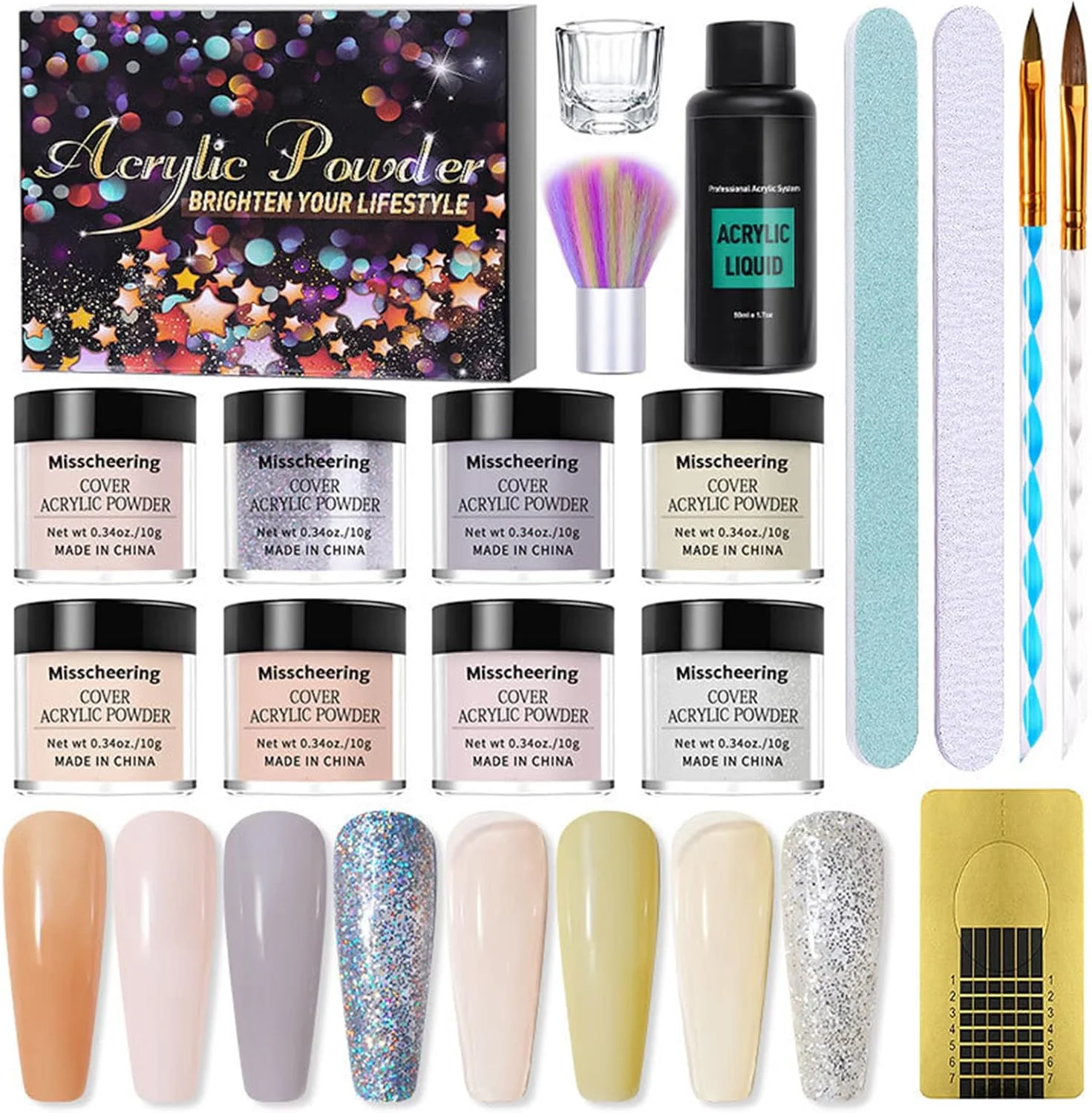ست پودر دیپینگ ناخن پپیسکی، 8 رنگ، سیستم پودر دیپ با مایع اکریلیک، سوهان ناخن، فنجان، برس گردگیری ناخن، قلم ناخن، ست سریع اکستنشن ناخن برای مانیکور فرانسوی و طراحی ناخن
