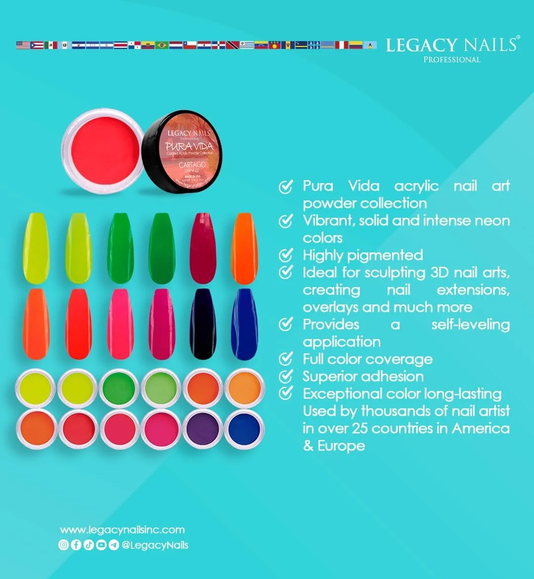 مجموعه پودر اکریلیک ناخن LEGACY NAILS - مجموعه پودر هنری حرفه ای 12 رنگ برای مانیکور DIY برای دیپ و اکستنشن اکریلیک (مجموعه Pura Vida)