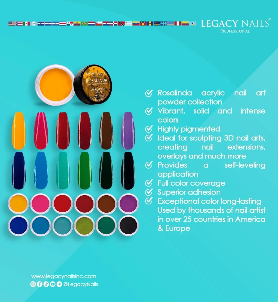 مجموعه پودرهای اکریلیک LEGACY NAILS - مجموعه 12 رنگ پودر هنری حرفه ای مانیکور DIY برای دیپ و اکستنشن های اکریلیک (مجموعه Rosalinda)