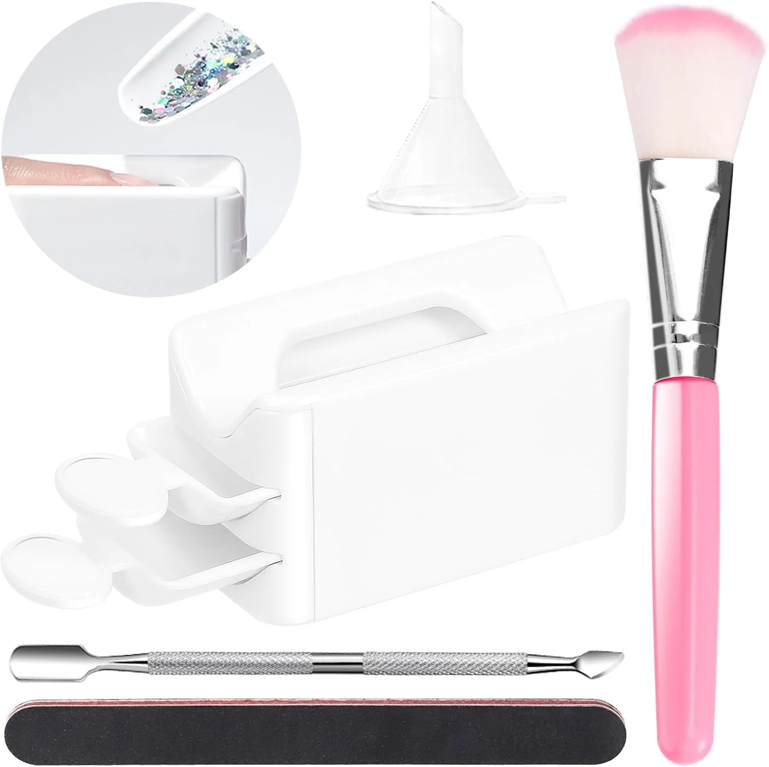 ست سینی بازیافت پودر دیپ ناخن 7 تکه شامل سینی پودر دیپ با قاشق، برس گرد و غبار ناخن، عقب زننده کوتیکول ناخن، سوهان ناخن، قیف برای مانیکور ناخن