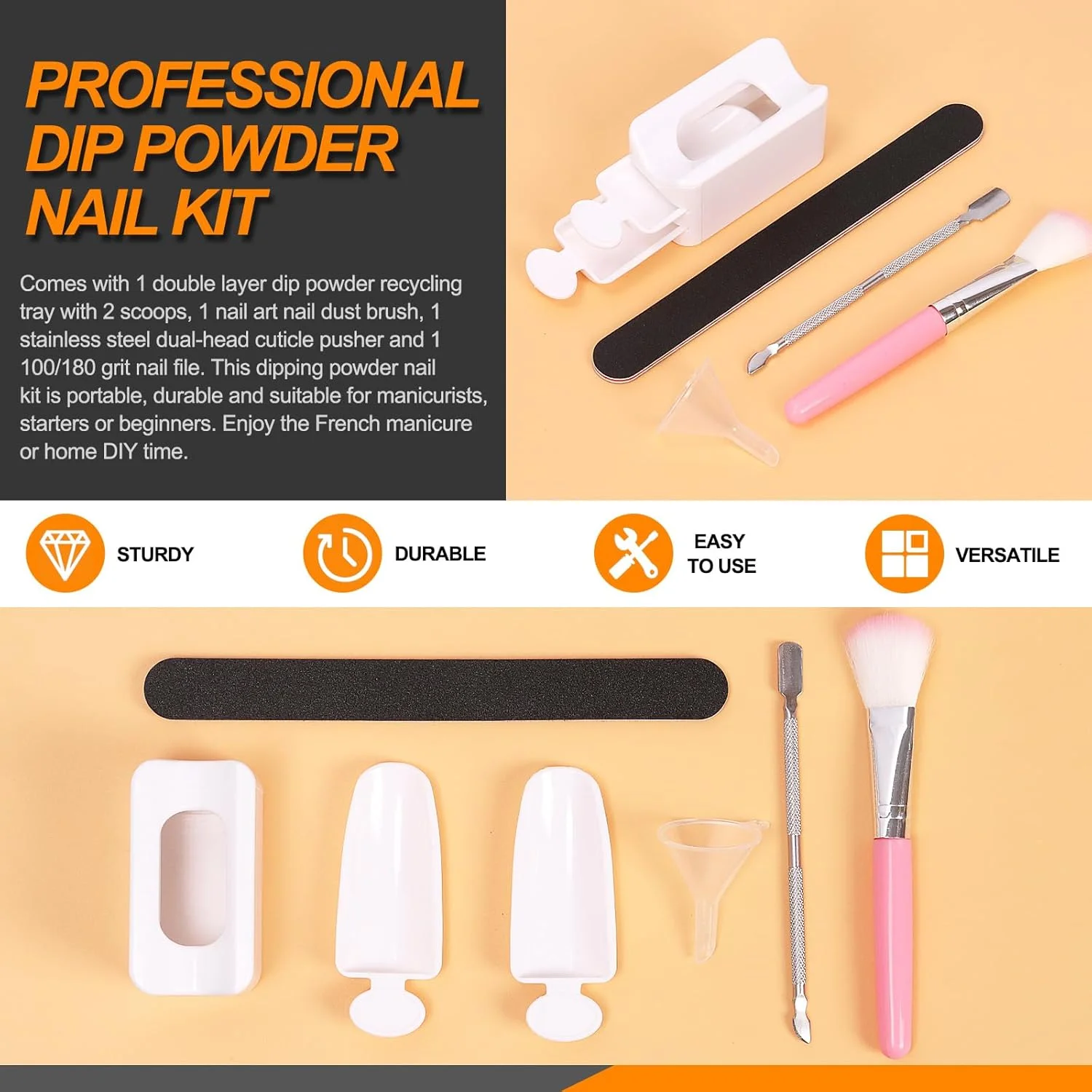 ست سینی بازیافت پودر دیپ ناخن 7 تکه شامل سینی پودر دیپ با قاشق، برس گرد و غبار ناخن، عقب زننده کوتیکول ناخن، سوهان ناخن، قیف برای مانیکور ناخن
