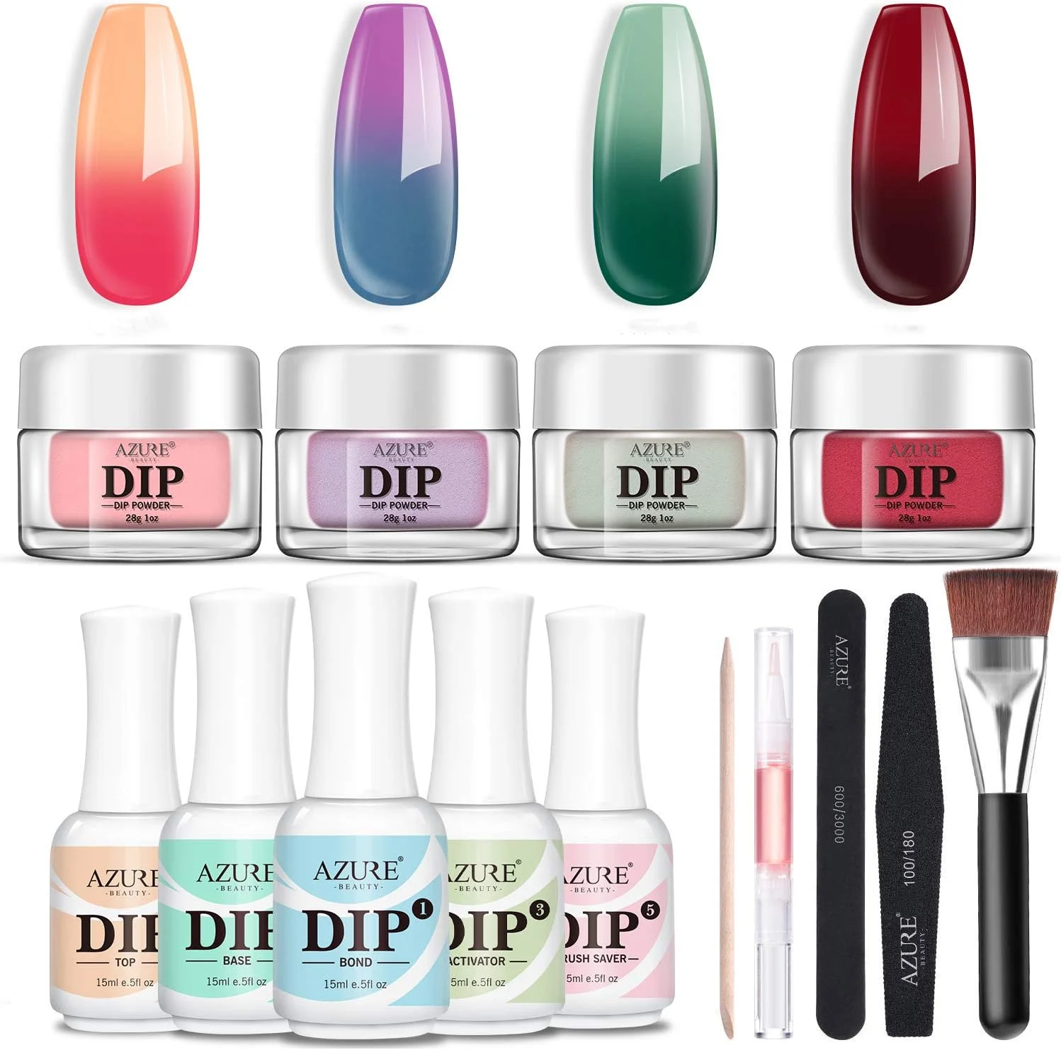 ست آغازین پودر دیپ ناخن با 4 رنگ تغییر دهنده حالت (30 گرم)، سیستم پودرهای دیپ آکریلیک برای ناخن فرانسوی (همراه با چسب، بیس، فعال کننده، تاپ کت، برس شوی، 4 ظرف پودر + برخی ابزارهای مانیکور)