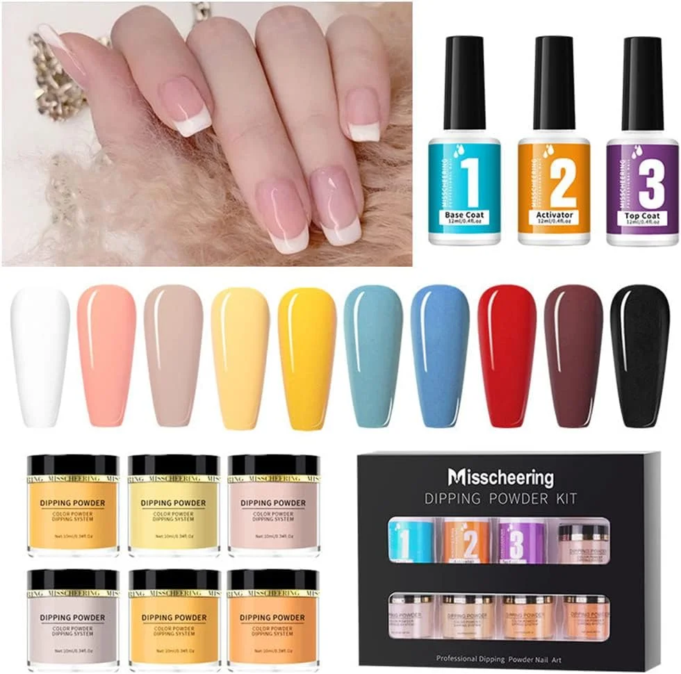 ست پودر دیپینگ ناخن با ژل فعال کننده بیس کت و تاپ کت برای ست مانیکور اکستنشن فرانسوی هنر DIY در خانه بدون نیاز به لامپ UV LED