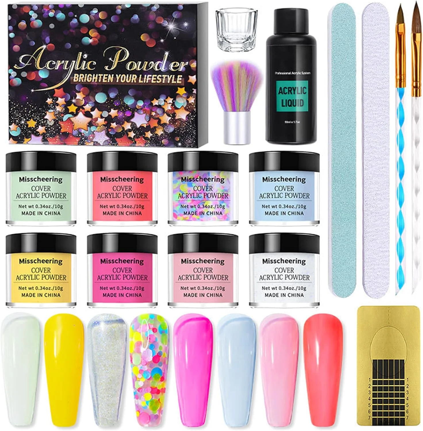 ست پودر دیپینگ ناخن پپیسکی در 8 رنگ، سیستم پودر دیپ با مایع اکریلیک، سوهان ناخن، لیوان، برس گرد و غبار ناخن، قلم ناخن، ست اکستنشن سریع ناخن برای مانیکور فرانسوی و طراحی ناخن