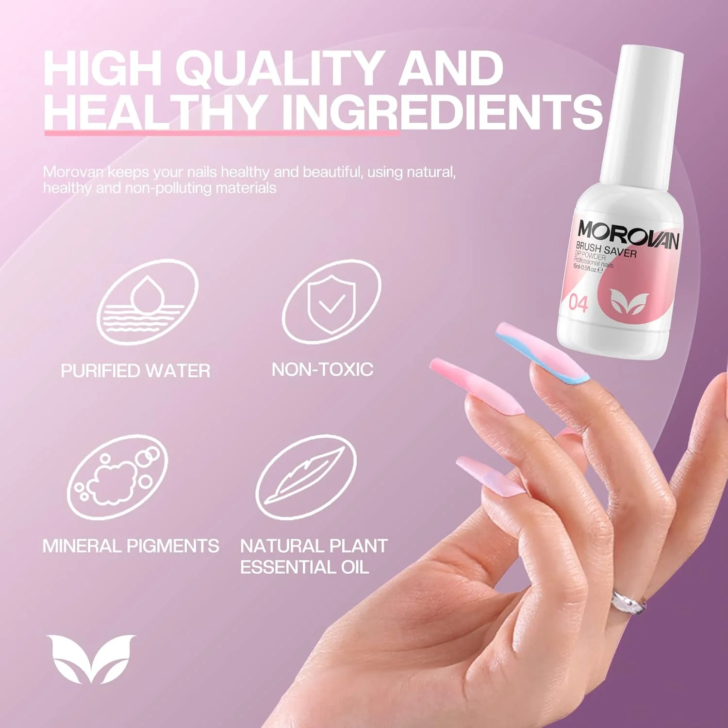 مجموعه مایع پودر دیپ مورووان شامل فعال کننده، بیس کت، تاپ کت و برس تمیز کننده پودر دیپ، 4 عدد 15 میلی لیتر مناسب برای کیت پودر دیپ ناخن