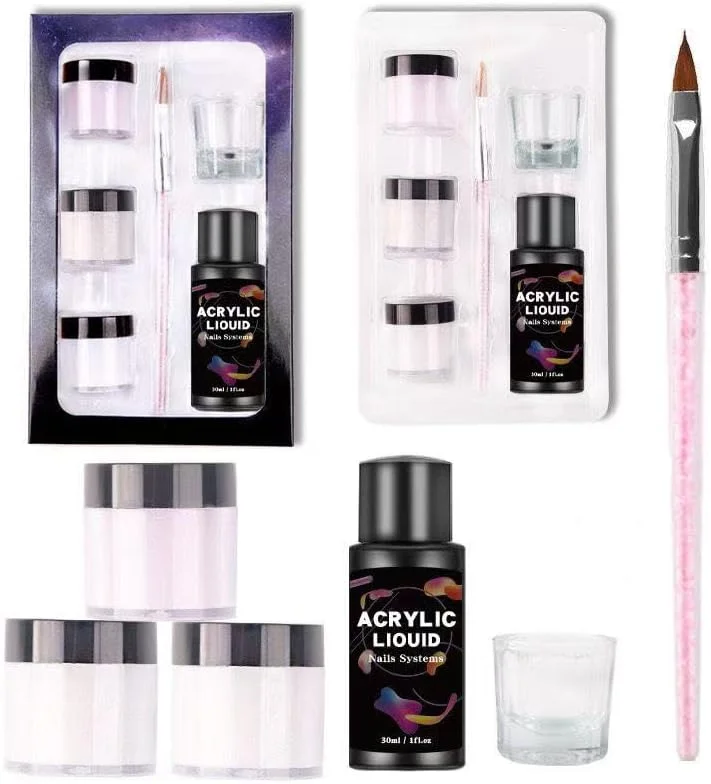 ست پودر و لیکوئید آکریلیک OSYA - کیت حرفه ای ناخن آکریلیک با برس ناخن، 3 رنگ سفید، شفاف و صورتی برای اکستنشن ناخن، ناخن های مصنوعی فرانسوی و ست طراحی ناخن