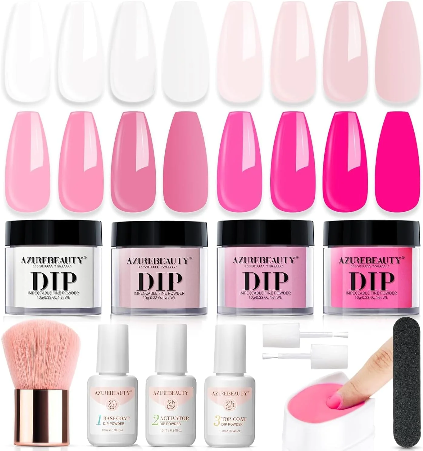 ست پودر دیپ ناخن AZUREBEAUTY، شامل ۴ رنگ پودر آکریلیک دیپینگ روشن/صورتی چرک/سفید شفاف مناسب تابستان، به همراه ست مایع شامل بیس کت/تاپ کت و اکتیواتور برای طراحی ناخن فرانسوی و مانیکور، هدیه ای مناسب برای بانوان