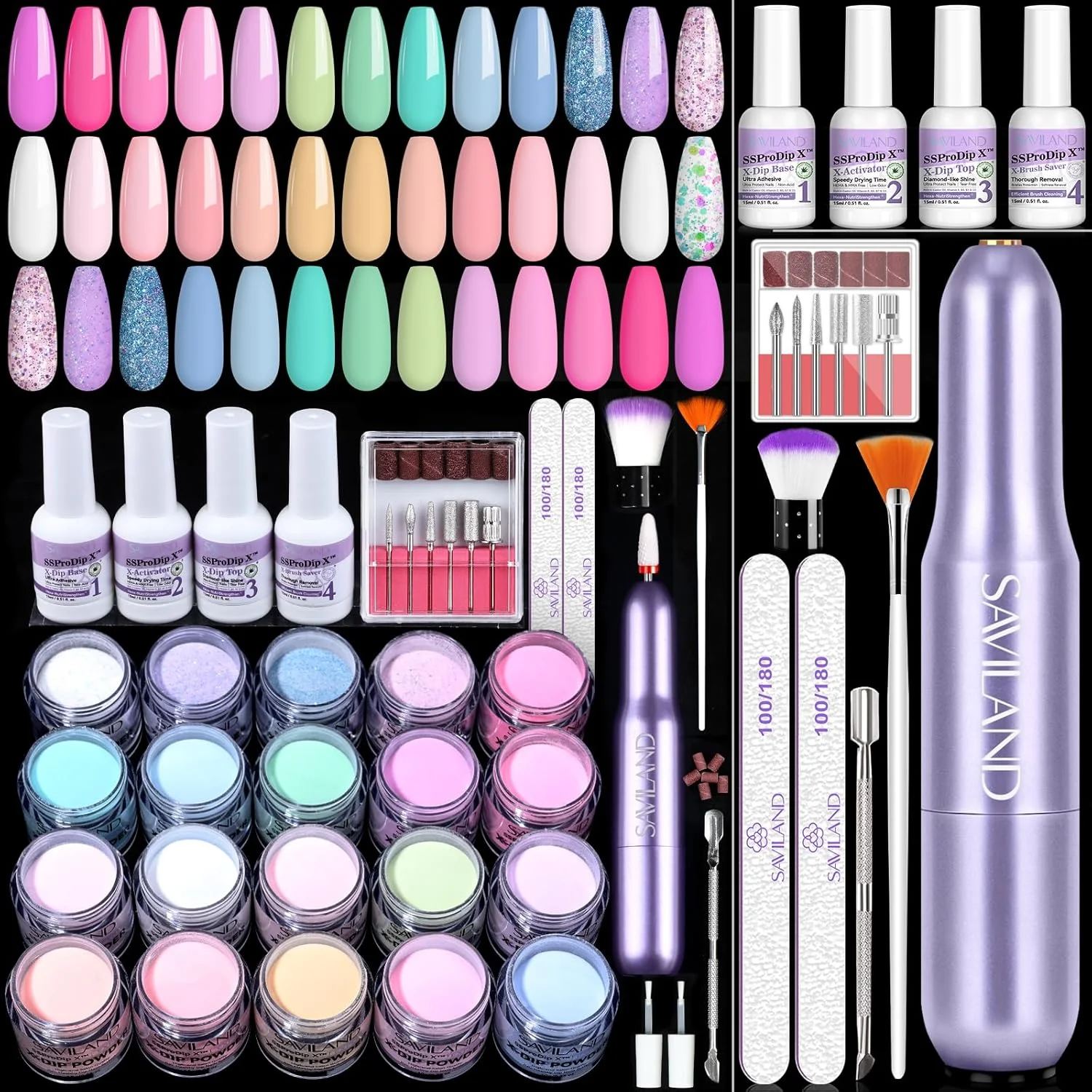 ست پودر دیپ ناخن SAVILAND با دریل: 20 رنگ روشن پودر دیپ کراتین اکریلیک، ست مبتدی با روغن VE و کرچک، بیس فعال کننده و تاپ کت برای طراحی ناخن آمبره فرانسوی، مانیکور سالنی تابستانی