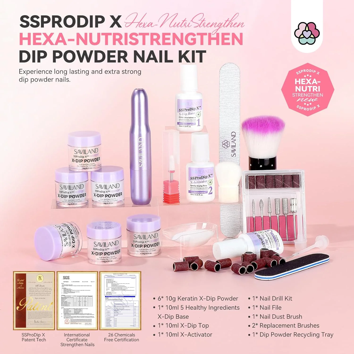 ست پودر دیپ ناخن SAVILAND به همراه دریل: ست مبتدی پودر دیپ 6 رنگ با اکلیل، کراتین شفاف و ست مایع 3 عددی
