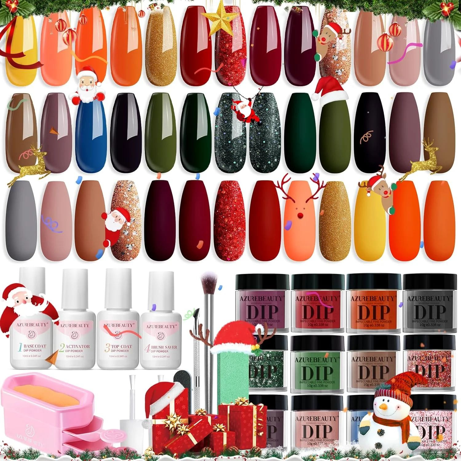 ست پودر دیپ ناخن AZUREBEAUTY، پاییزی، نارنجی، سبز، اکلیلی، قرمز، 20 رنگ، ست مایع پودر آکریلیک با پوشش پایه/رویی برای طراحی ناخن فرانسوی، مانیکور، مناسب مبتدیان، استفاده شخصی در منزل و سالن