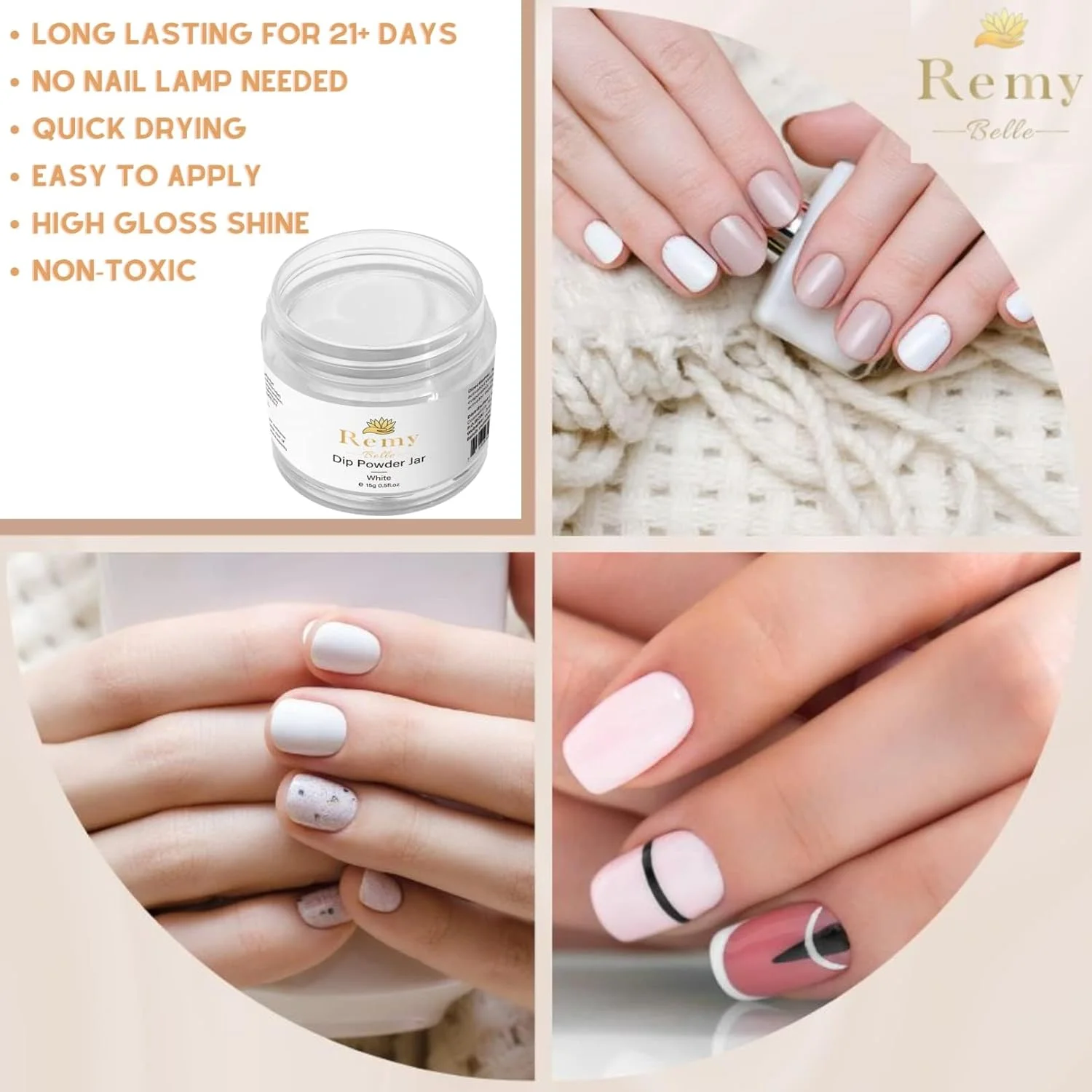 پودر کاشت ناخن رمی بل، رنگ سفید، 10 میلی لیتر، مناسب برای طراحی ناخن فرانسوی، مانیکور در خانه، بدون بو و ماندگاری طولانی، بدون نیاز به دستگاه UV