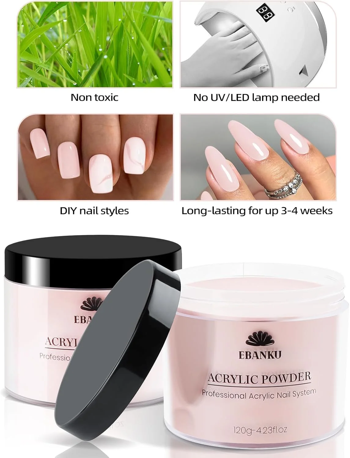 پودر اکریلیک عمیق رنگ پوست EBANKU، 120 گرم، ظرفیت بزرگ، پودر دیپ اکریلیک فرانسوی حرفه ای برای کاشت ناخن اکریلیک، طراحی ناخن، ماندگاری طولانی، بدون نیاز به دستگاه UV