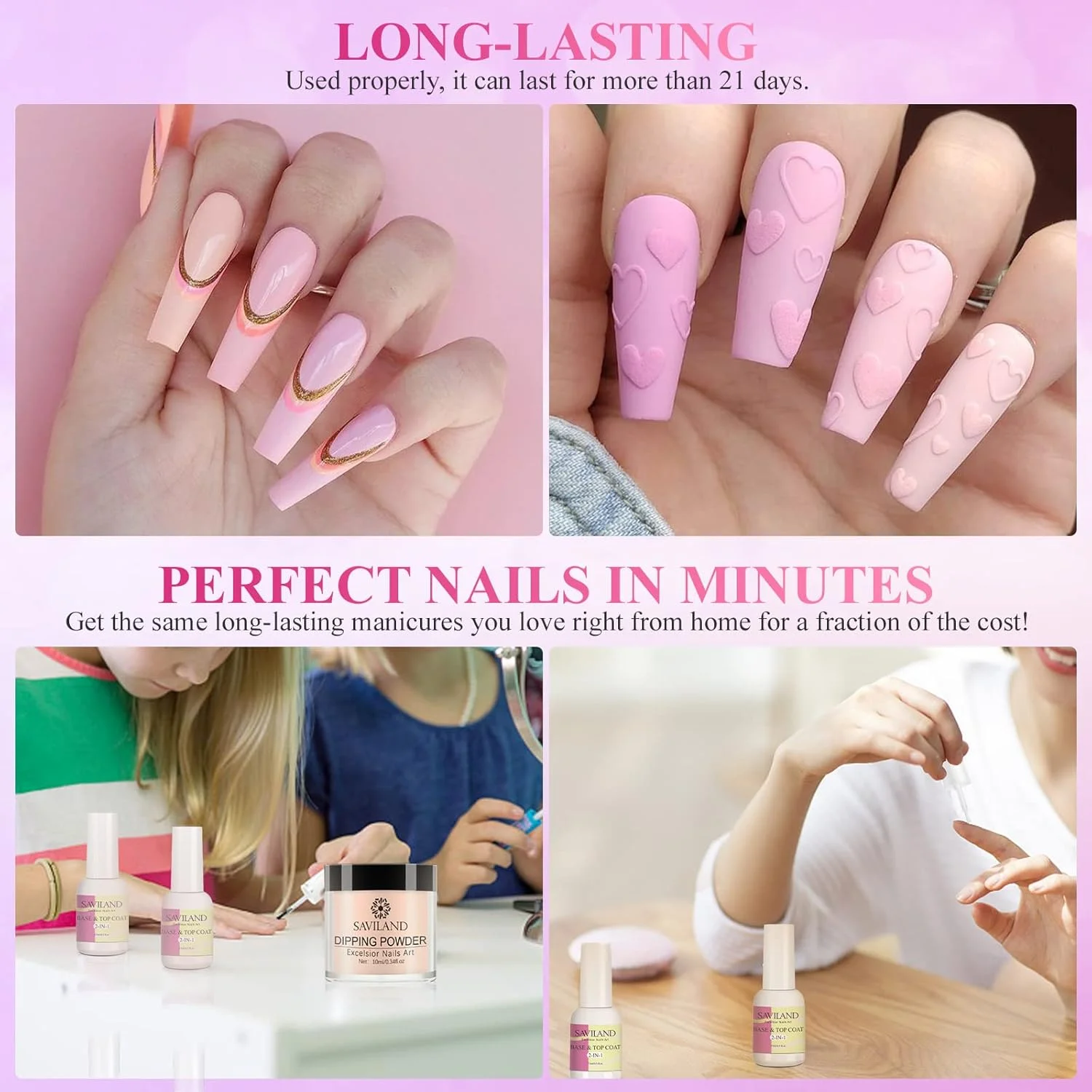 ست پودر کاشت ناخن 17 تکه ساویلند: ست پودر کاشت ناخن صورتی کالباسی 10 رنگ پودر دیپ با بیس و تاپ کت 2 در 1 15 میلی لیتری، فعال کننده برای ترمیم ناخن