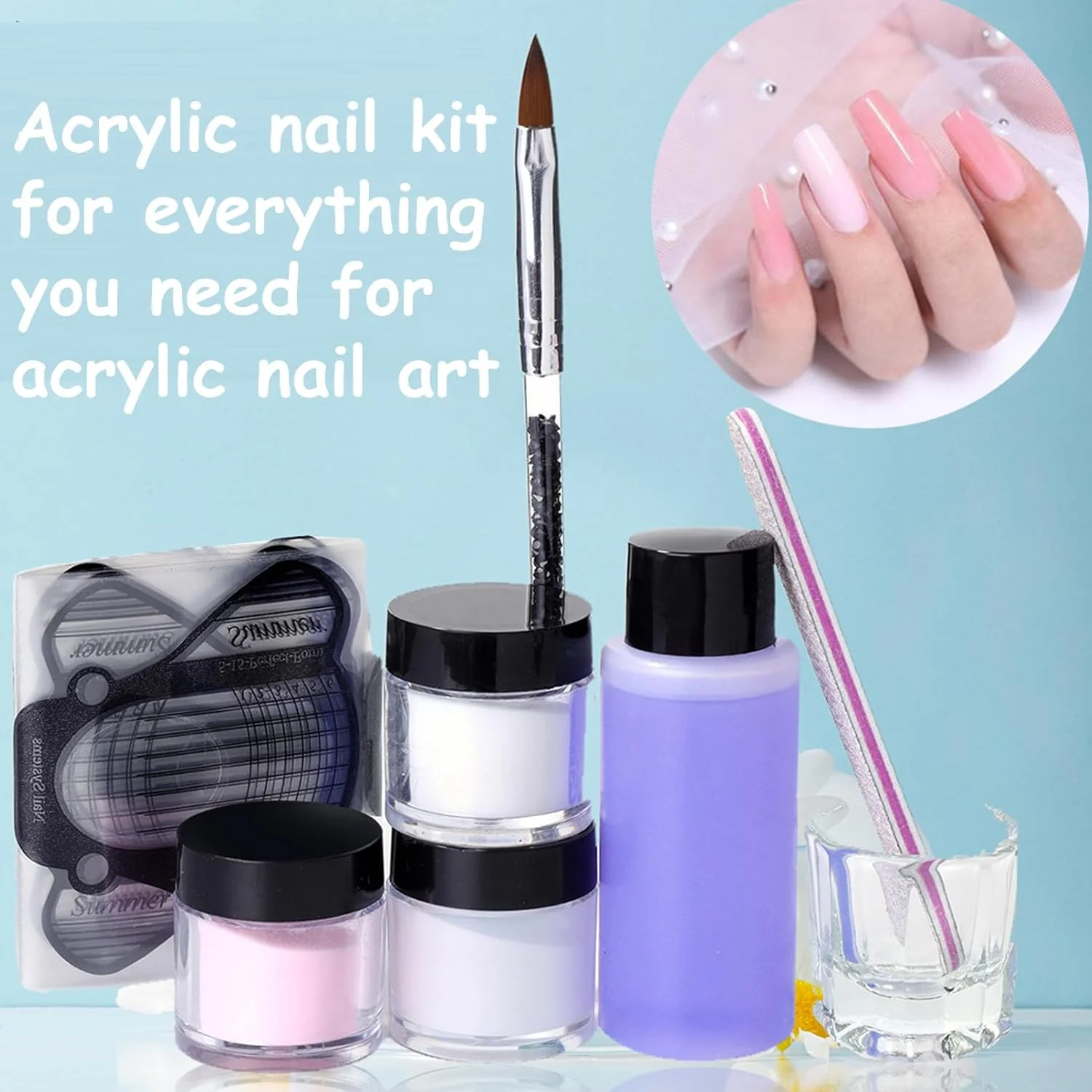 ست پودر اکریلیک ناخن، شامل 3 رنگ پودر اکریلیک 15 گرمی و مایع اکریلیک به همراه ست قلم موی اکریلیک ناخن، مناسب برای کاشت ناخن اکریلیک شفاف، صورتی و سفید، با ماندگاری طولانی برای طراحی ناخن بانوان