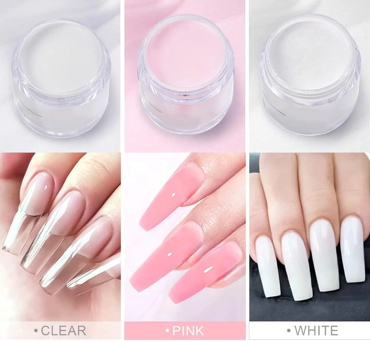 ست پودر اکریلیک ناخن، شامل 3 رنگ پودر اکریلیک 15 گرمی و مایع اکریلیک به همراه ست قلم موی اکریلیک ناخن، مناسب برای کاشت ناخن اکریلیک شفاف، صورتی و سفید، با ماندگاری طولانی برای طراحی ناخن بانوان