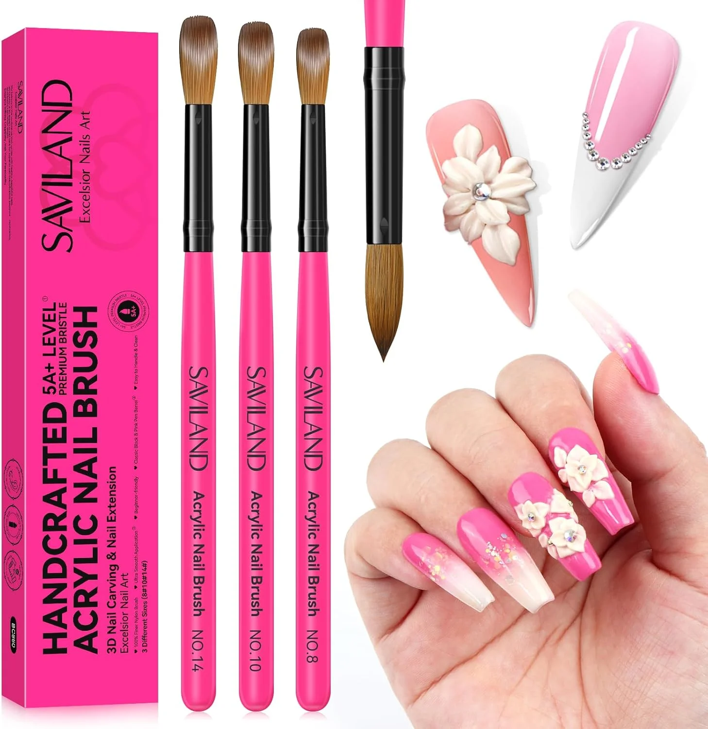 ست قلم موی کاشت ناخن اکرلیک SAVILAND: سایزهای 8، 10، 14، مناسب برای استفاده حرفه ای از پودر اکرلیک، اکستنشن ناخن، طراحی سه بعدی، مناسب برای استفاده خانگی و سالن، ابزار مانیکور صورتی