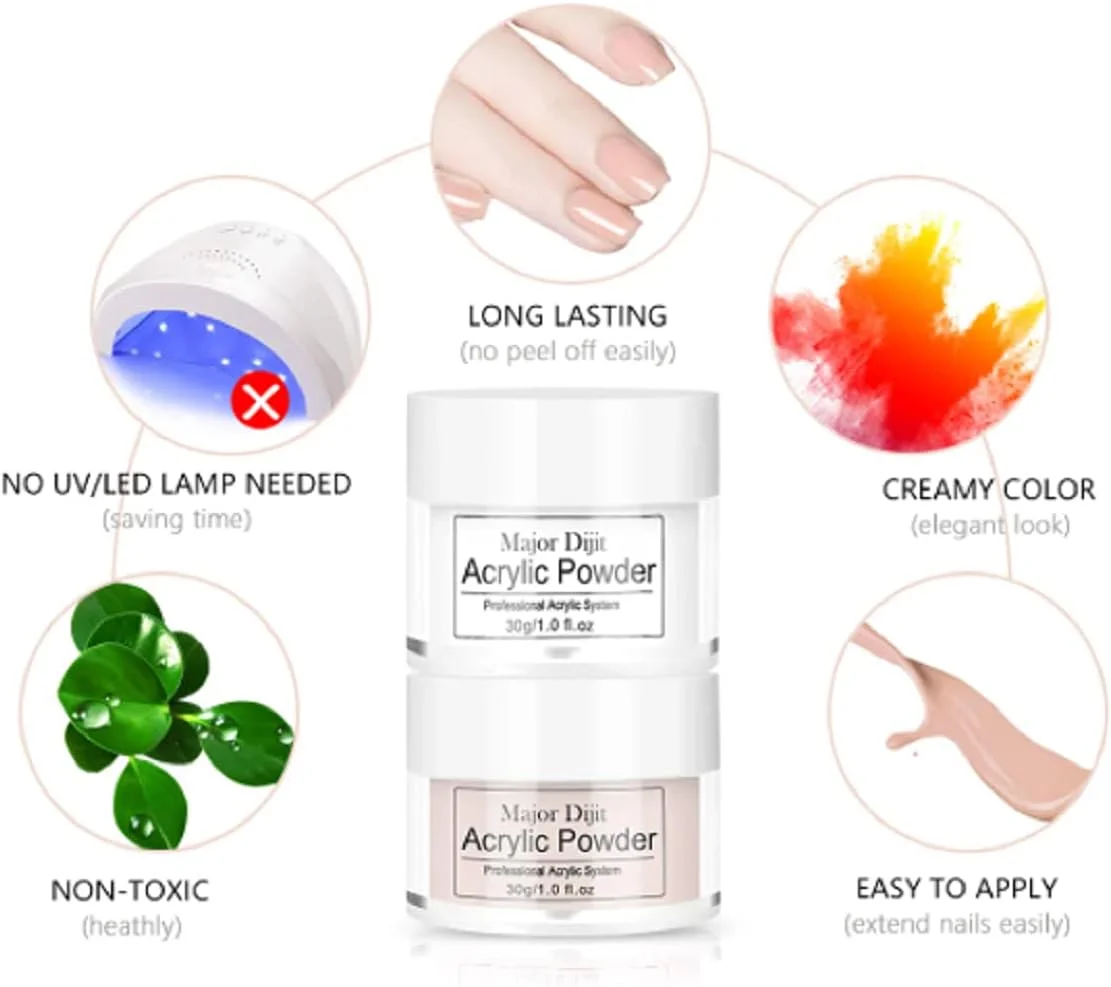 پودر اکریلیک شفاف 30 گرمی MAJOR DIJIT برای کاشت ناخن، طراحی ناخن، مانیکور، ژل اکریلیک، لاک ژل هیبرید UV پلی ژل (شفاف)