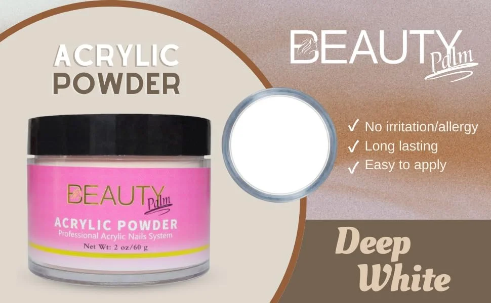 پودر اکریلیک بیوتی پالم | پودر اکریلیک رنگی برای طراحی ناخن، اکستنشن ناخن، هنر DIY، مانیکور سه بعدی، هدیه برای زنان و دختران 60 گرم (سفید عمیق)