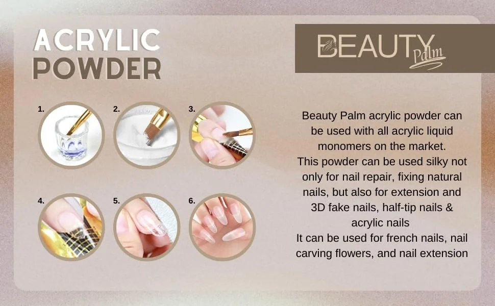 پودر اکریلیک بیوتی پالم | پودر اکریلیک رنگی برای طراحی ناخن، اکستنشن ناخن، هنر DIY، مانیکور سه بعدی، هدیه برای زنان و دختران 60 گرم (سفید عمیق)