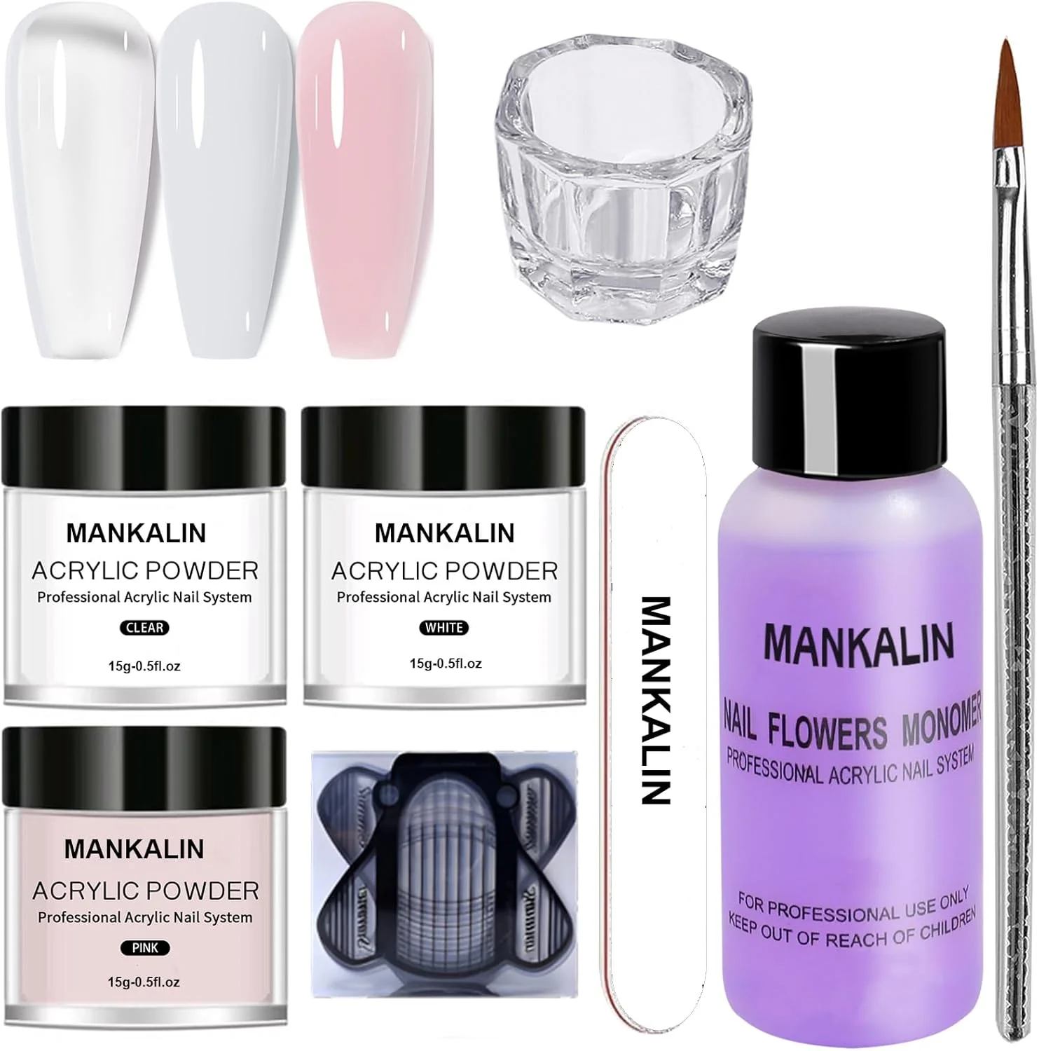 ست پودر اکریلیک ناخن با ظرفیت بالا - پودر اکریلیک با 3 رنگ و ست مایع اکریلیک، مناسب برای کاشت ناخن اکریلیک برای مبتدیان به همراه قلم طراحی ناخن، قالب ناخن، لیوان شیشه ای، سوهان ناخن