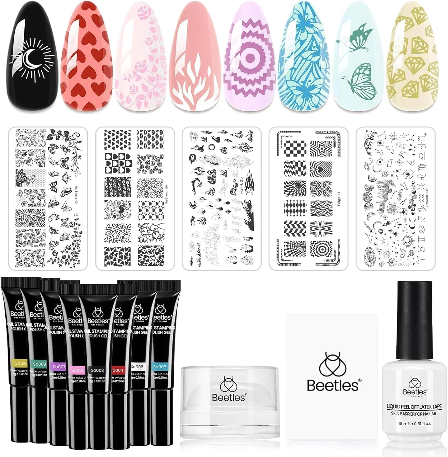 ست ژل استامپ ناخن Beetles - کیت 16 تکه طراحی ناخن فرنچ با 8 رنگ ژل لاک استامپر، 5 شابلون استامپ، کاردک، لاتکس مایع و استامپر سیلیکونی کوتاه برای مانیکور DIY، هدیه برای دختران ست ژل استامپ ناخن Beetles - کیت 16 تکه طراحی ناخن فرنچ با 8 رنگ ژل لاک استامپر، 5 شابلون استامپ، کاردک، لاتکس مایع و استامپر سیلیکونی کوتاه برای مانیکور DIY، هدیه برای دختران