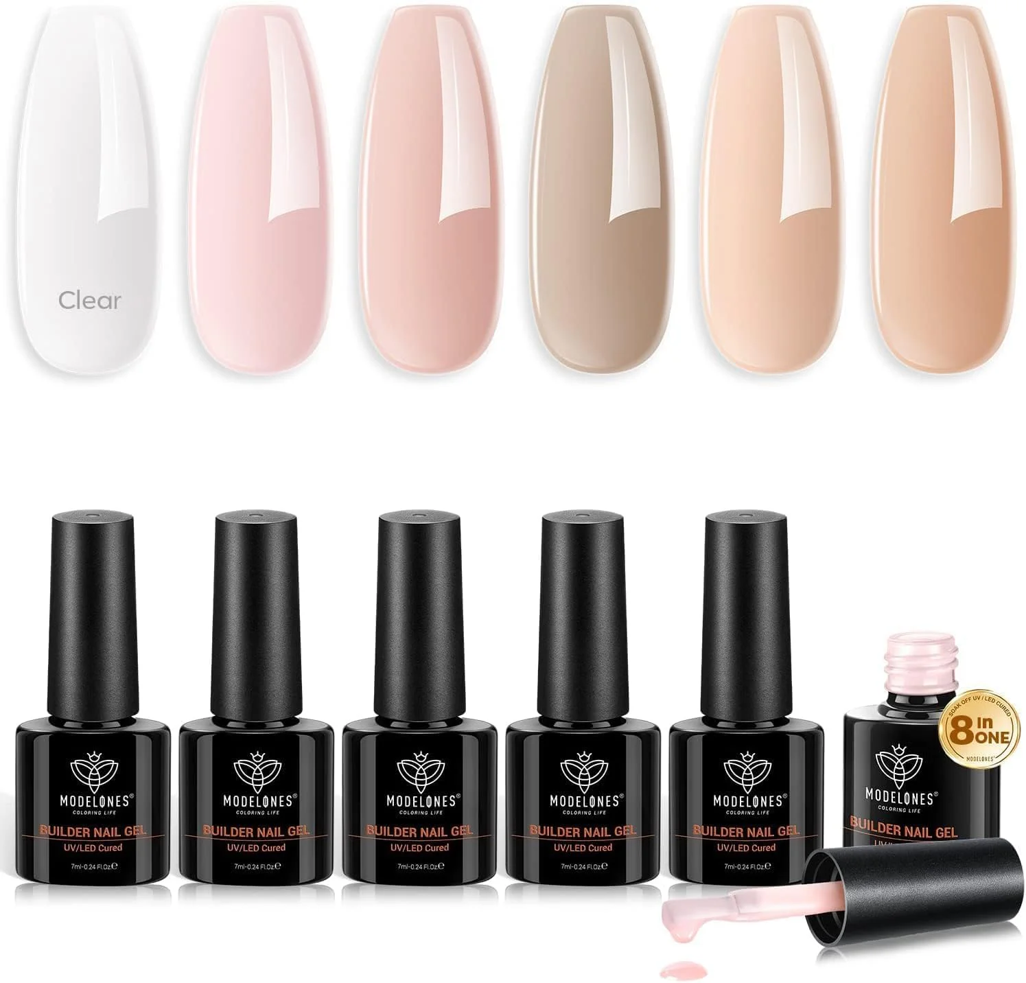 ست ژل بیلدر 8 در 1 Modelones - 6 رنگ برای ضخیم کردن ناخن، ژل سخت تقویت کننده با لامپ LED، لاک اکستنشن و چسب در یک بطری ست ژل بیلدر 8 در 1 Modelones - 6 رنگ برای ضخیم کردن ناخن، ژل سخت تقویت کننده با لامپ LED، لاک اکستنشن و چسب در یک بطری