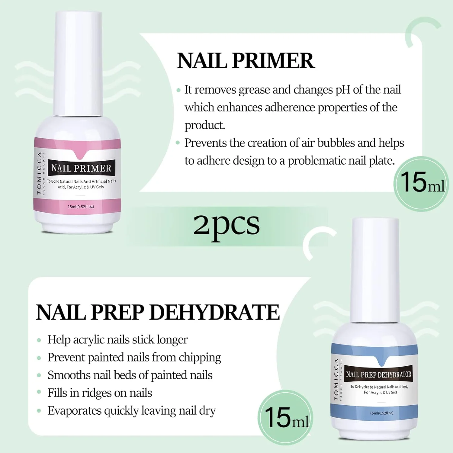 مجموعه دهیدراتور و پرایمر ناخن TOMICCA، آمادهسازی حرفهای ناخن طبیعی بدون اسید، دهیدراتور با خشک شدن سریع در هوا، مجموعه پرایمر اتصال برتر، کیت مانیکور ناخن مجموعه دهیدراتور و پرایمر ناخن TOMICCA، آمادهسازی حرفهای ناخن طبیعی بدون اسید، دهیدراتور با خشک شدن سریع در هوا، مجموعه پرایمر اتصال برتر، کیت مانیکور ناخن