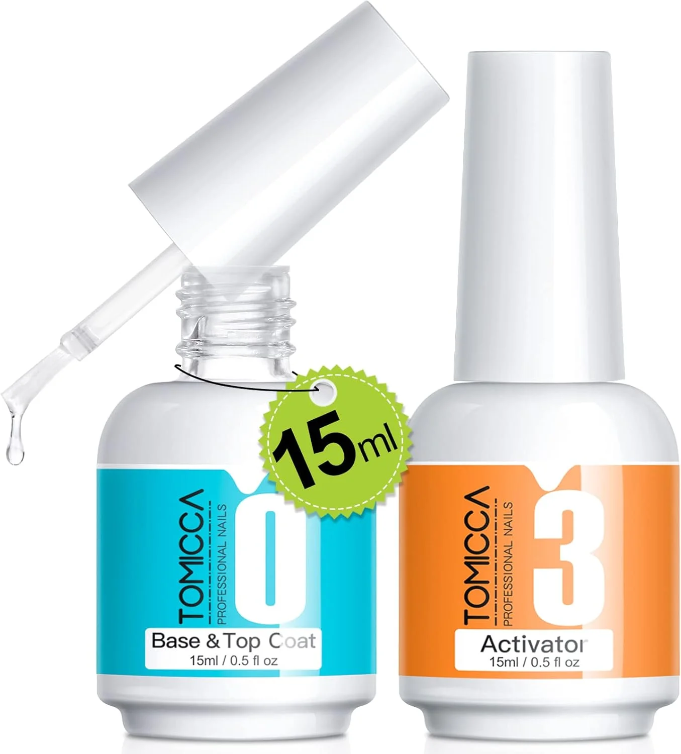 ست مایع پودر دیپینگ TOMICCA - بیس کت و تاپ کت و اکتیویتور پودر دیپینگ 15 میلی لیتری، ست مایع دیپینگ ناخن 2 در 1 برای کیت ناخن پودر دیپینگ